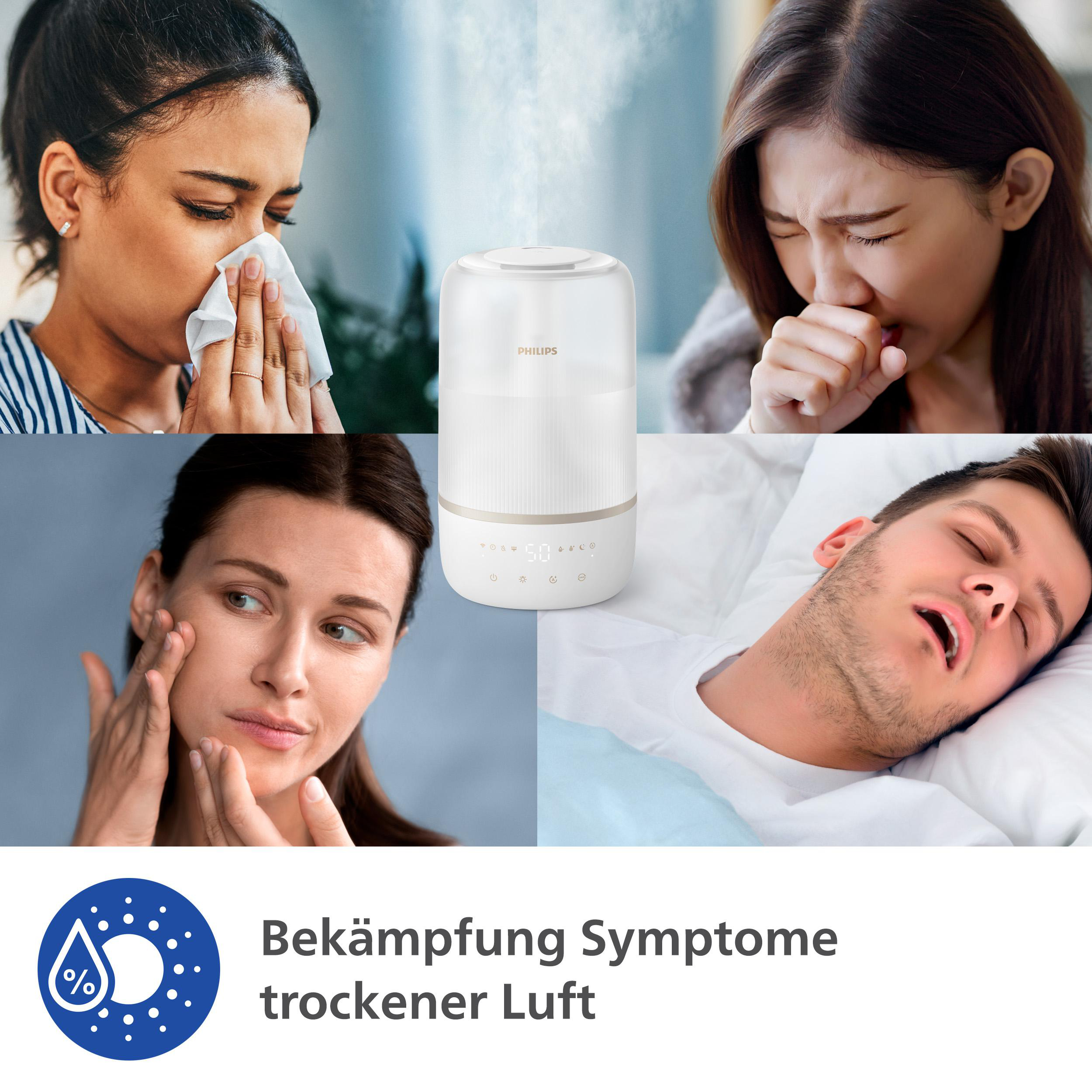 Bilder von Menschen mit Erkältungssymptomen und einem Luftbefeuchter. Text auf Deutsch.