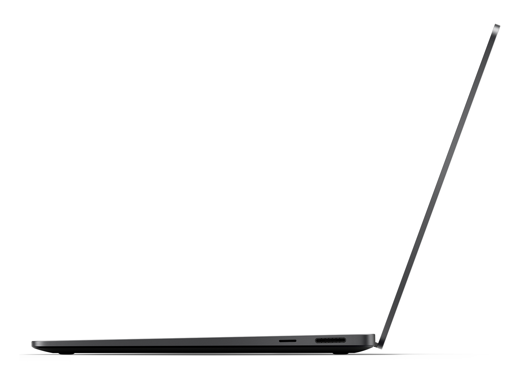 Schwarzer Laptop, Seitenansicht, geöffnet. Weißer Hintergrund.