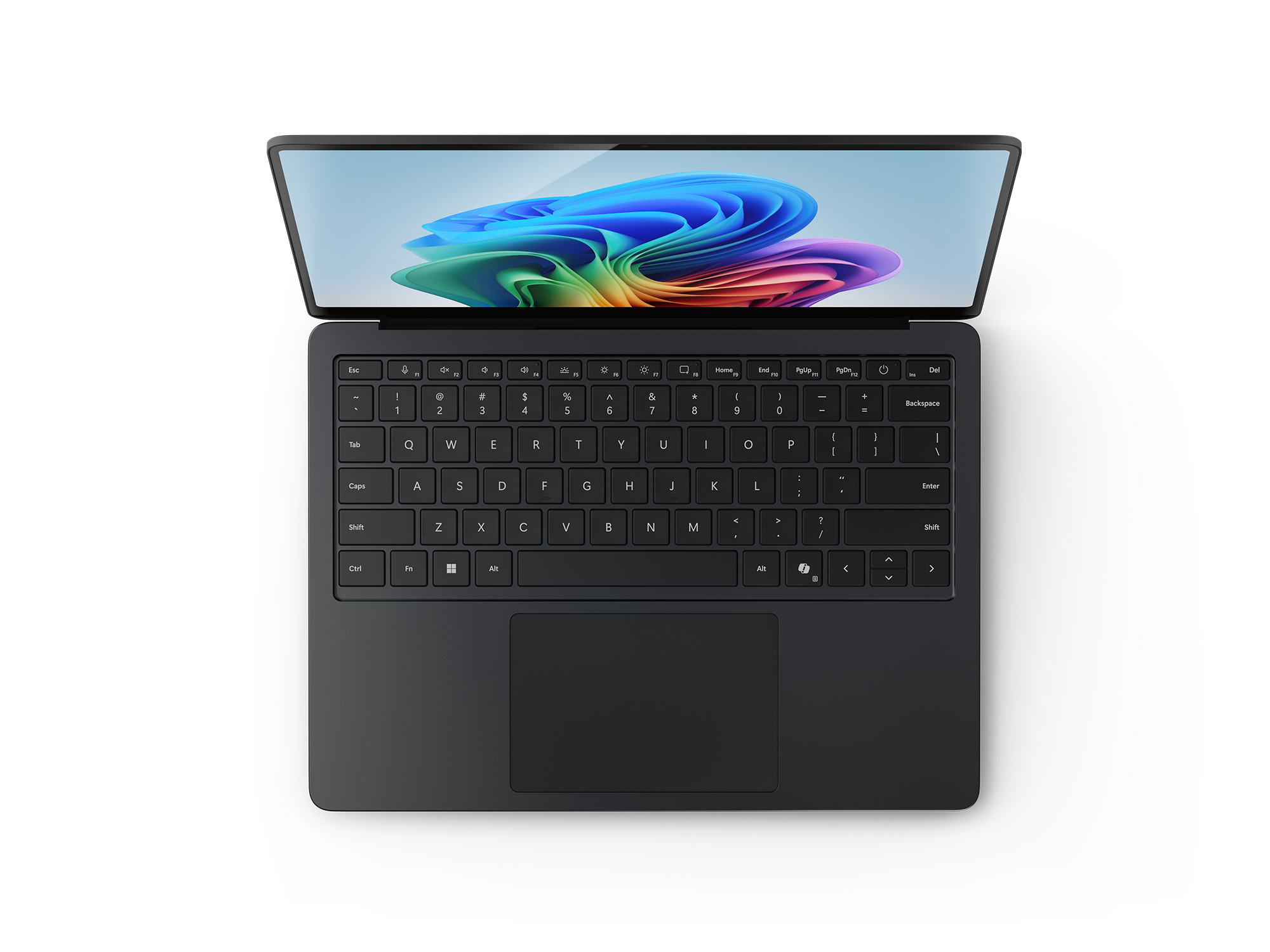 Ein schwarzer Laptop mit geöffnetem Bildschirm, der ein buntes abstraktes Bild zeigt.