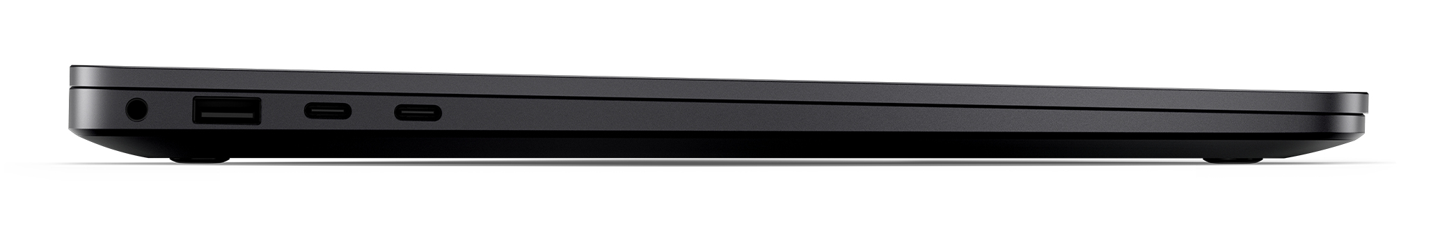 Das Seitenprofil eines schwarzen Laptops zeigt Anschlüsse: Kopfhöreranschluss, USB und zwei USB-C-Anschlüsse. Der Rand ist abgerundet.