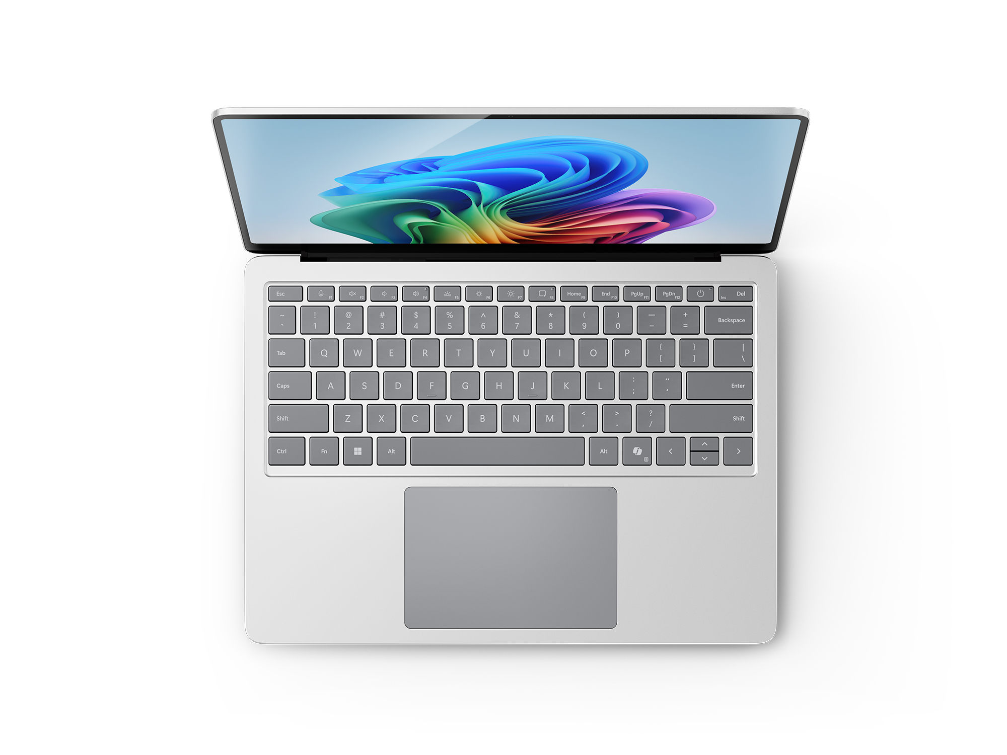 Ein weißer Laptop ist geöffnet und zeigt eine Tastatur und einen farbenfrohen, abstrakten Hintergrund auf dem Bildschirm.