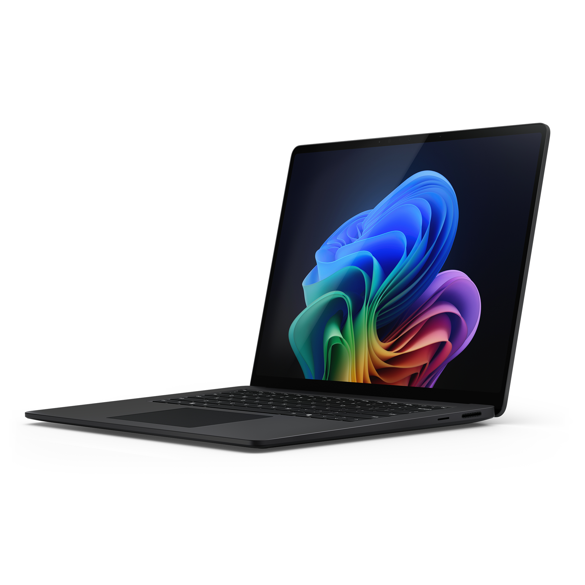 Schwarzer Laptop, geöffnet mit farbenfroher Anzeige, isoliert auf Weiß.