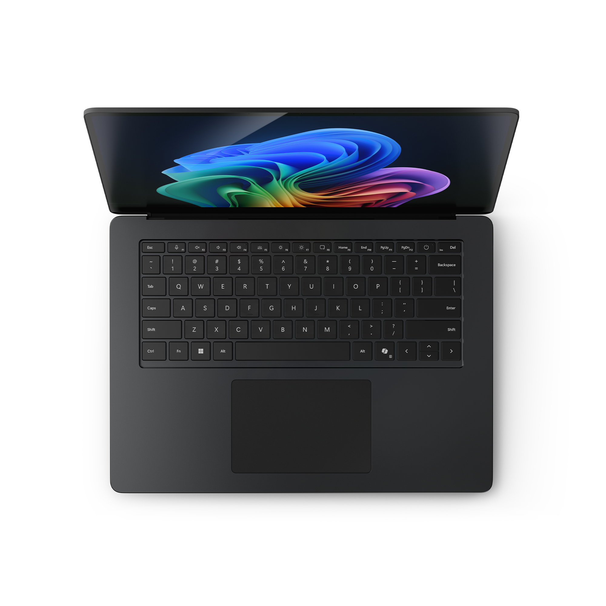 Schwarzer Laptop geöffnet, Draufsicht zeigt Tastatur und farbenfrohen Bildschirm.