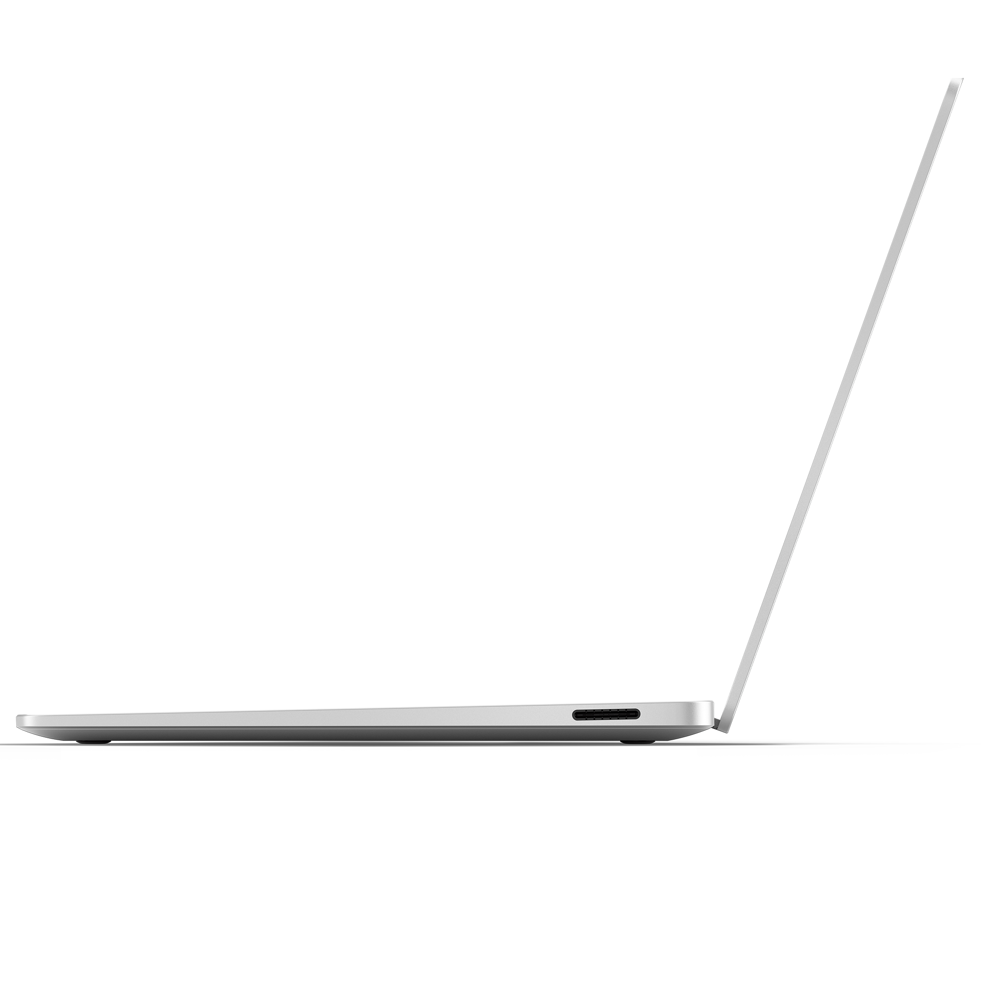 Silberner Laptop mit offenem Bildschirm, Seitenansicht auf Weiß.