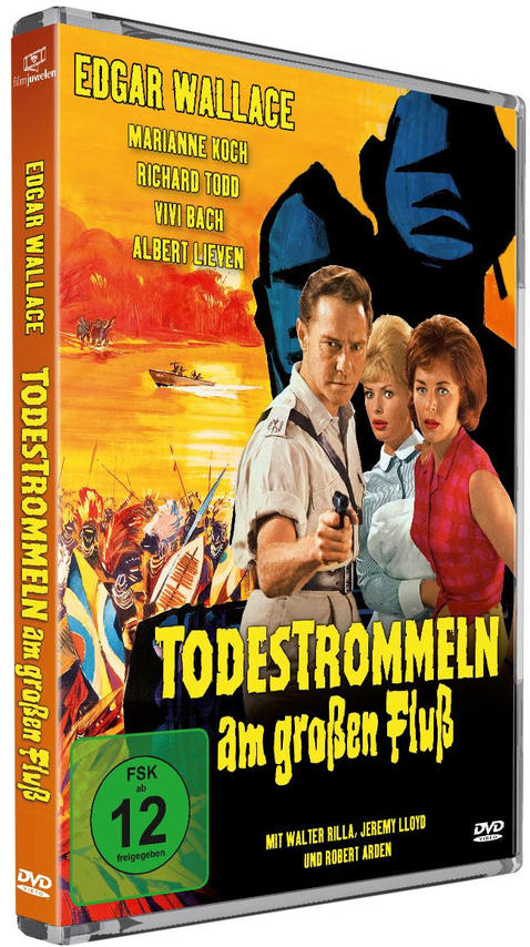 DVD-Hülle des deutschen Films "Todestrommeln am großen Fluß". Buntes Cover-Art.
