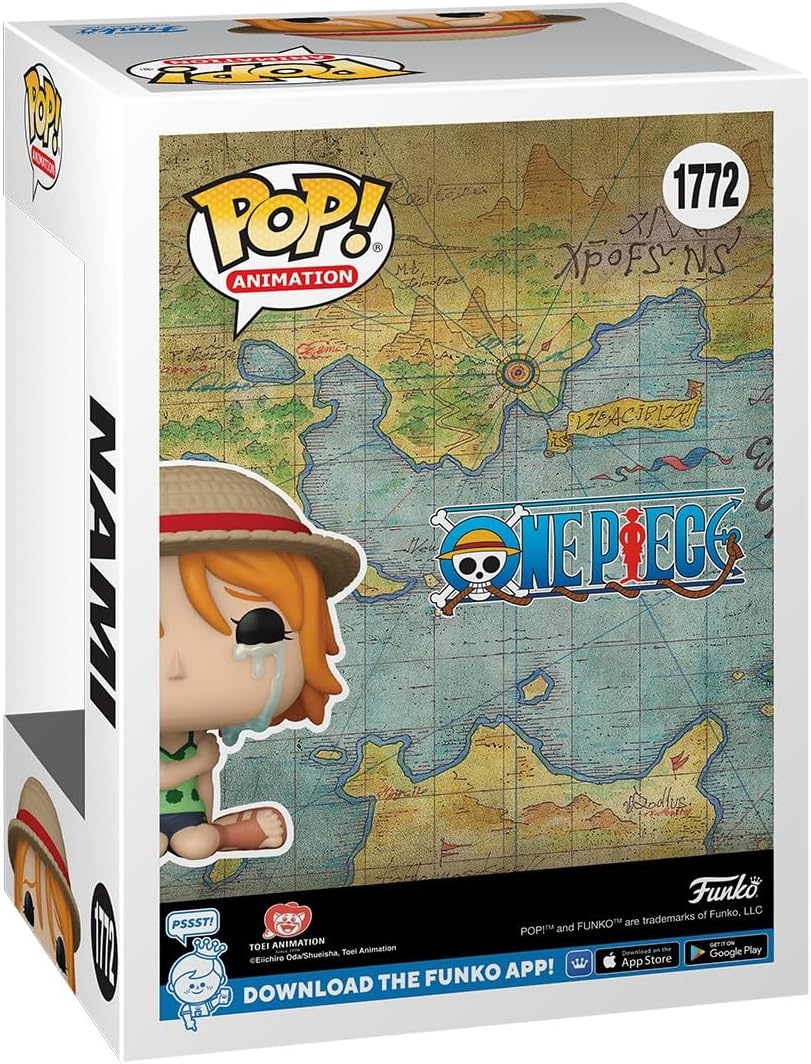 Una caja de Funko Pop con Nami de One Piece, con un fondo de mapa y texto.