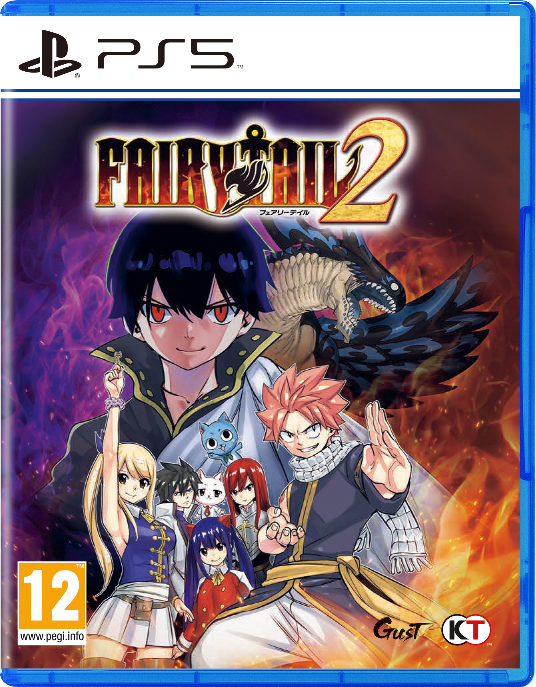 Okładka gry PS5 dla Fairy Tail 2. Zawiera postacie z anime. Niebieskie etui i logo PS5.