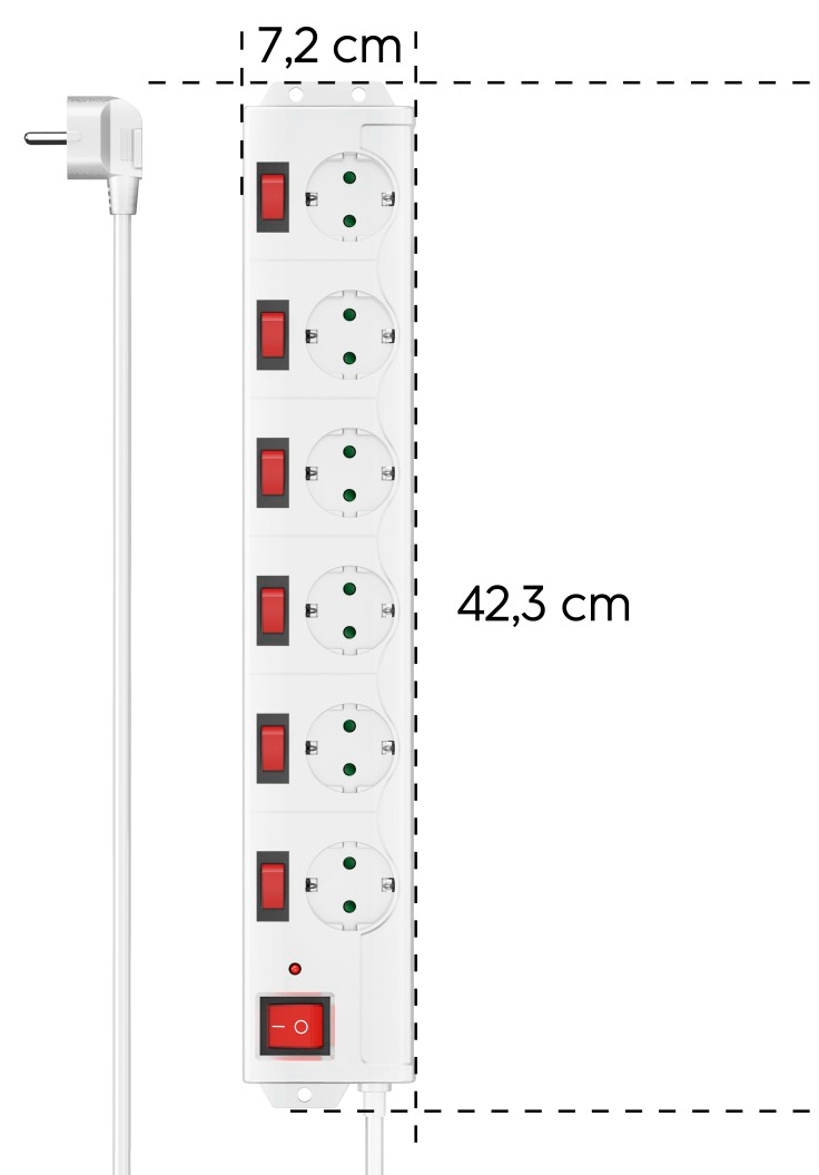 Fehér elosztó öt aljzattal és piros kapcsolókkal, méretekkel.