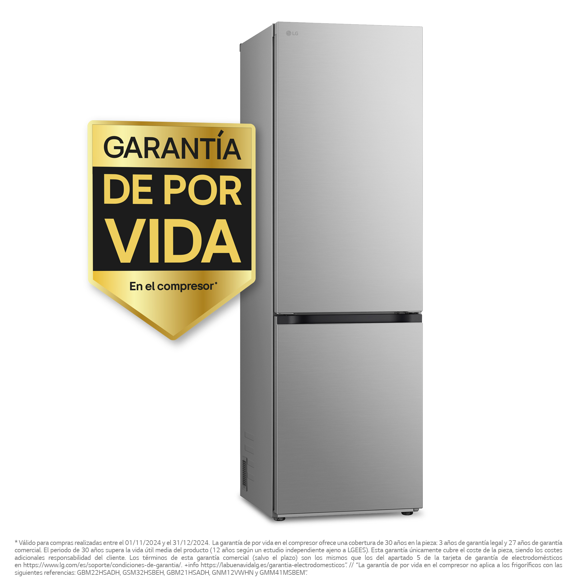 Refrigerador LG plateado con una pegatina de garantía de por vida. Texto en español.