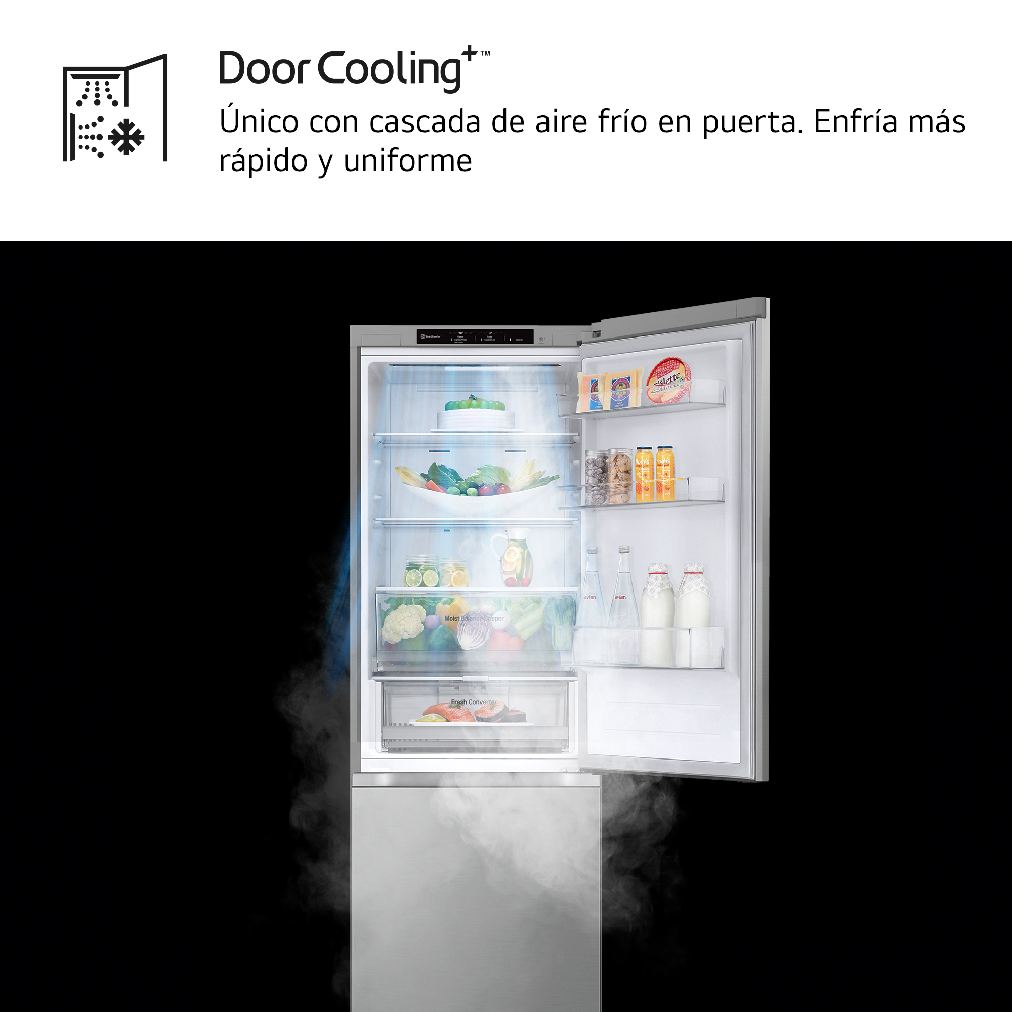 Refrigerador abierto con comida dentro. Texto Door Cooling+ y una corriente de aire frío.
