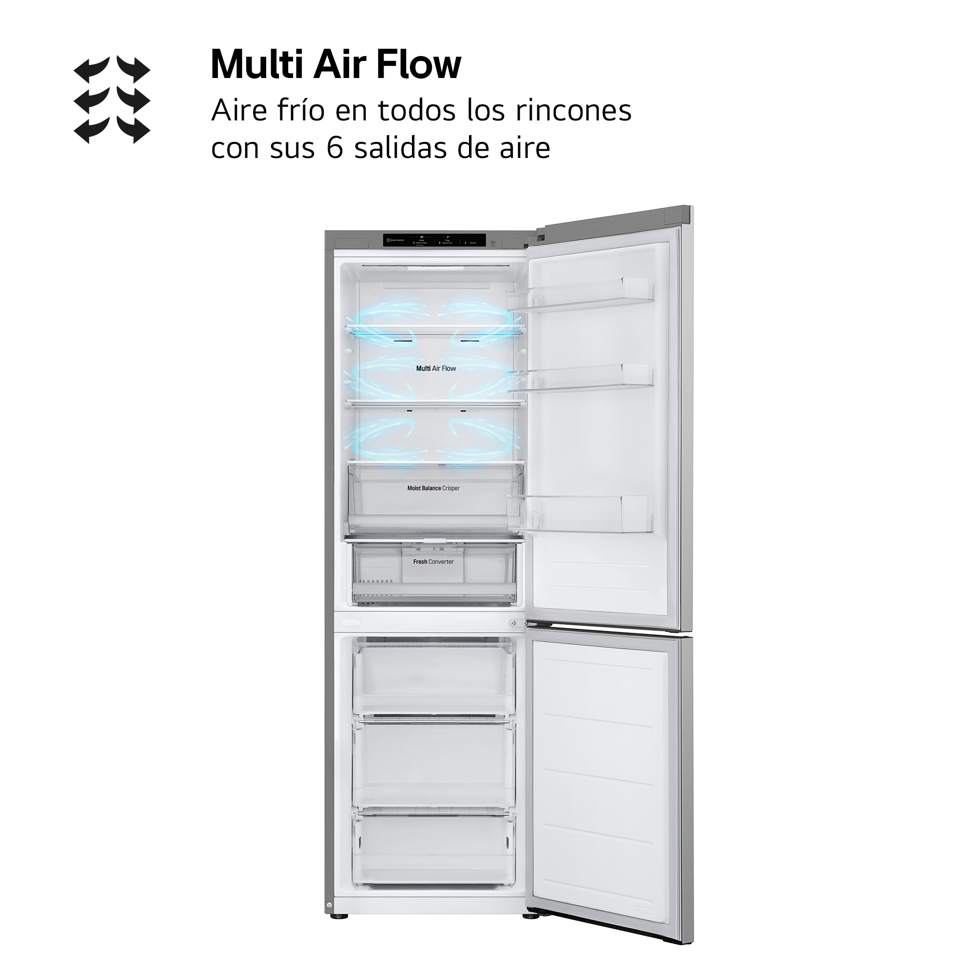 Refrigerador abierto con puertas abiertas. Dentro hay estantes y cajones, un logotipo Multi Air Flow está presente.
