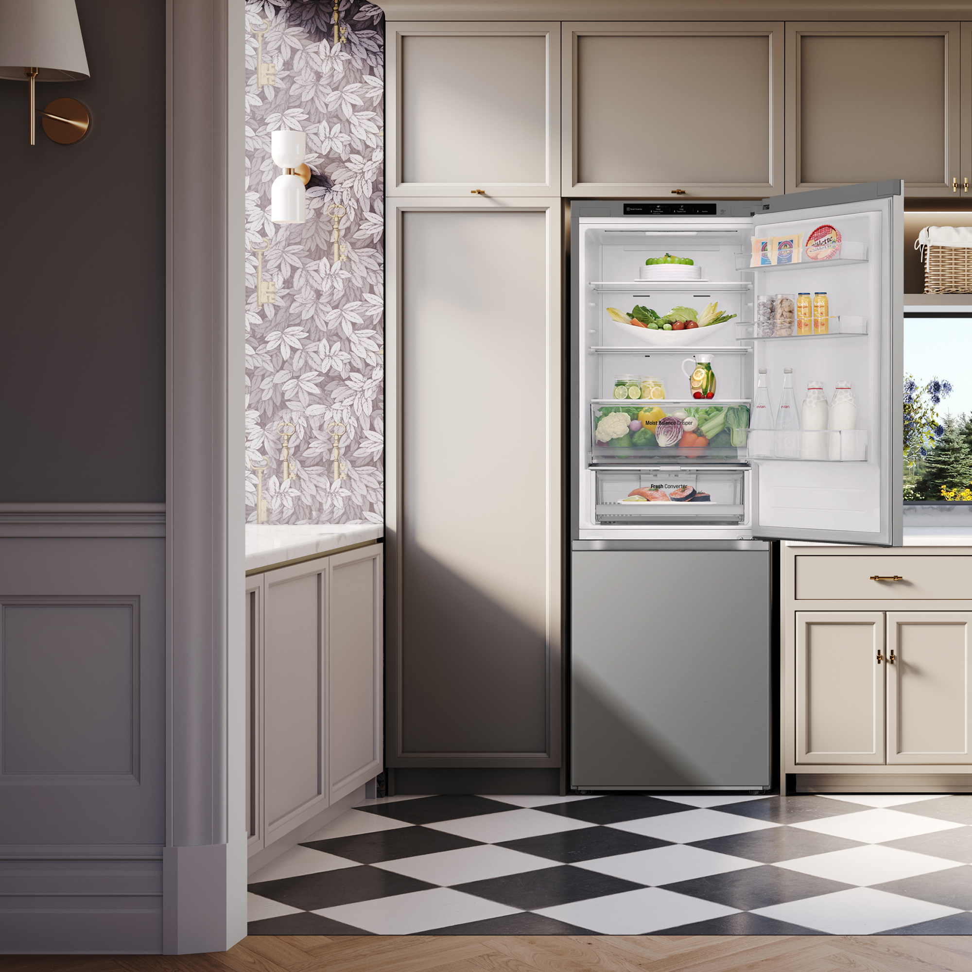 Interior de cocina con refrigerador abierto, mostrando alimentos.