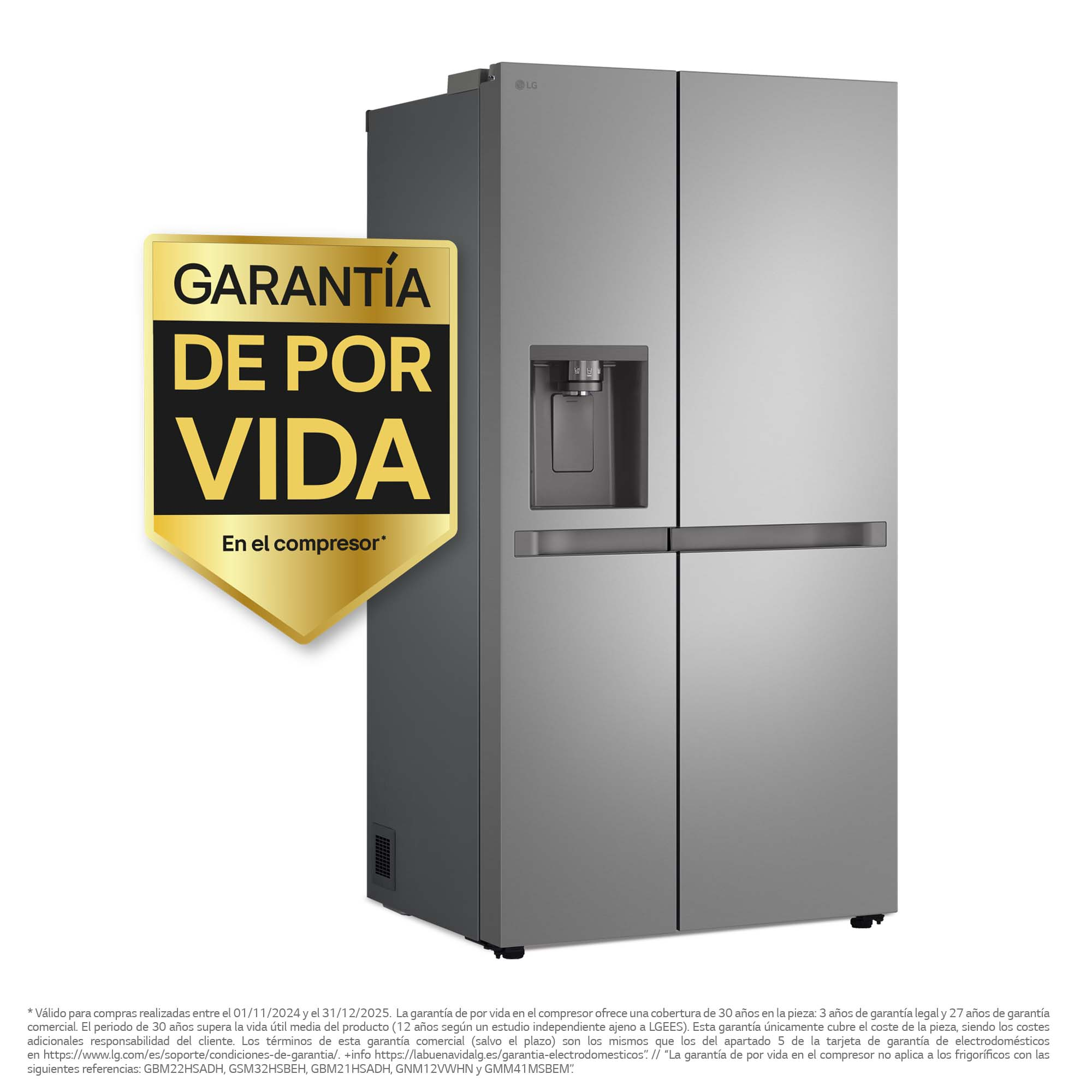 Refrigerador de acero inoxidable con una pegatina dorada. Fondo blanco.