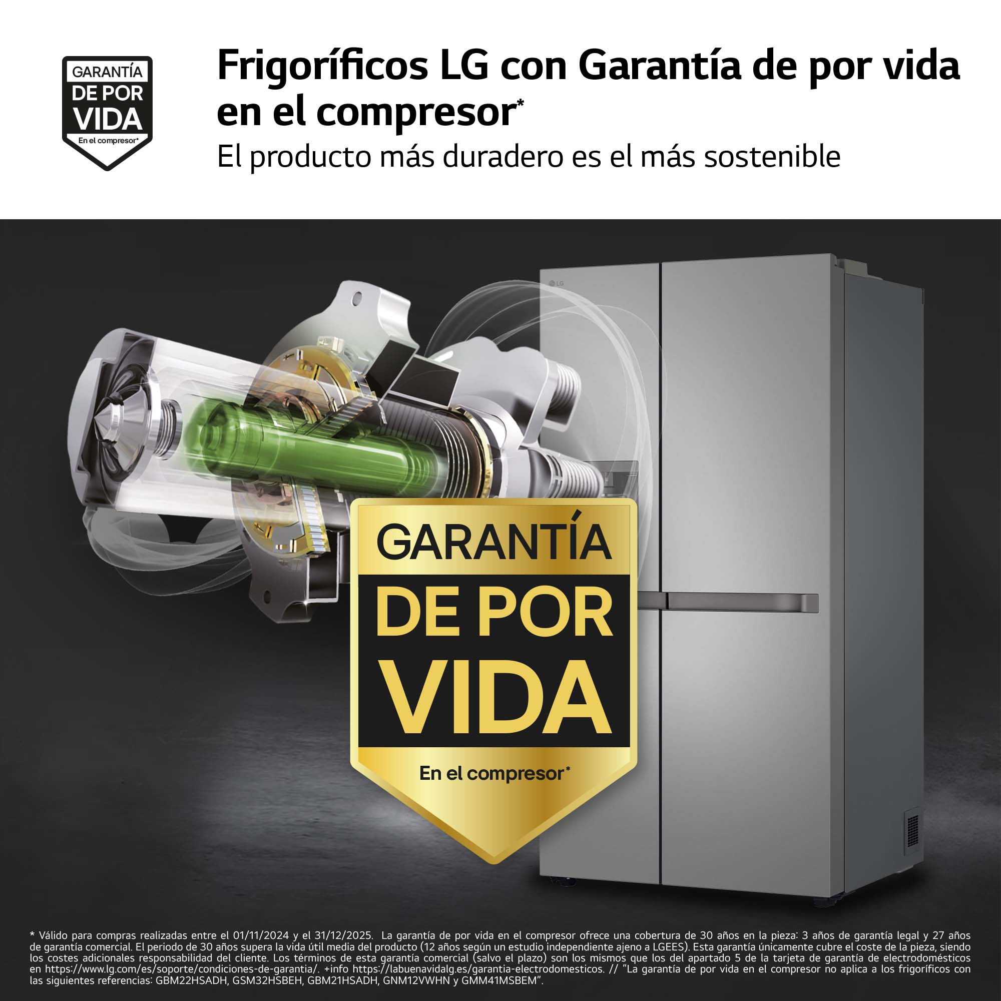 Nevera LG con gráfico de garantía, mostrando componentes internos, texto en español e inglés.