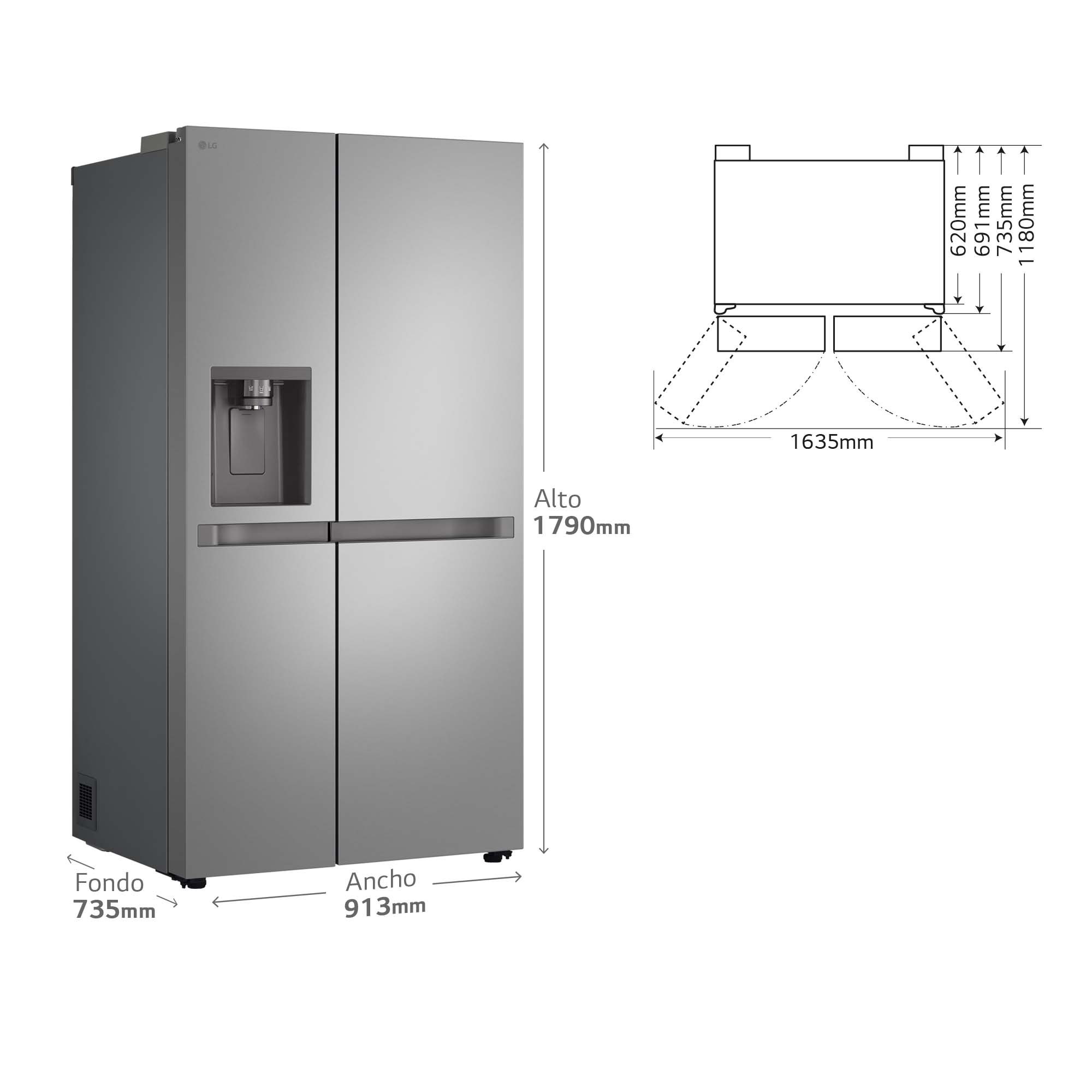 Un refrigerador LG plateado. Se muestran dimensiones y características.