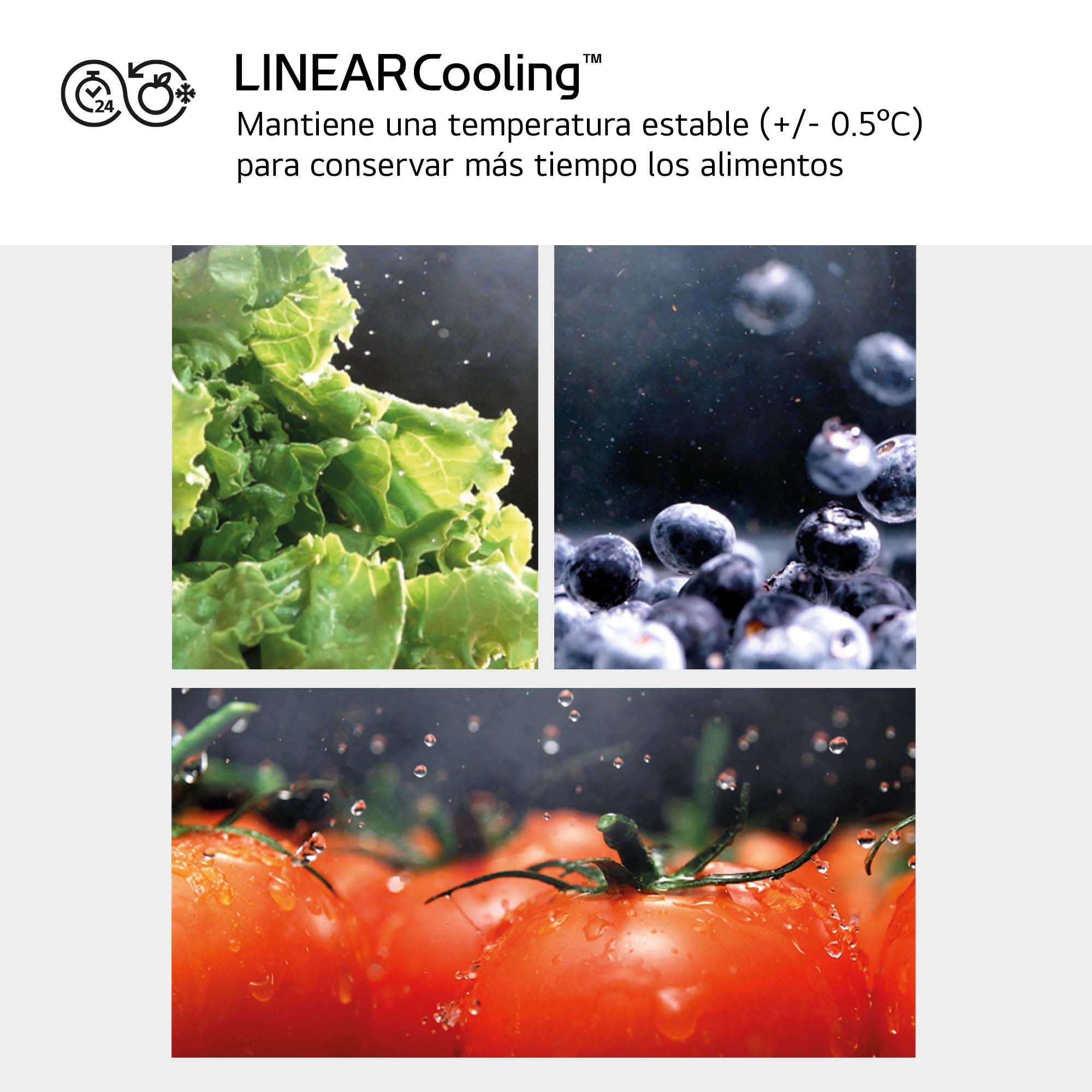 Un collage que muestra verduras y arándanos con gotas de agua. El texto "LINEAR Cooling" está en la parte superior.