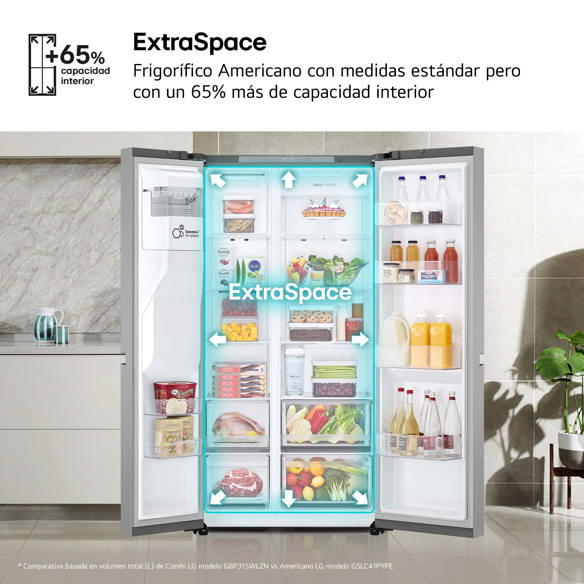 Refrigerador de doble puerta abierto con comida organizada. Flechas azules señalan ExtraSpace. Texto dice 'ExtraSpace' y '65% capacidad'.