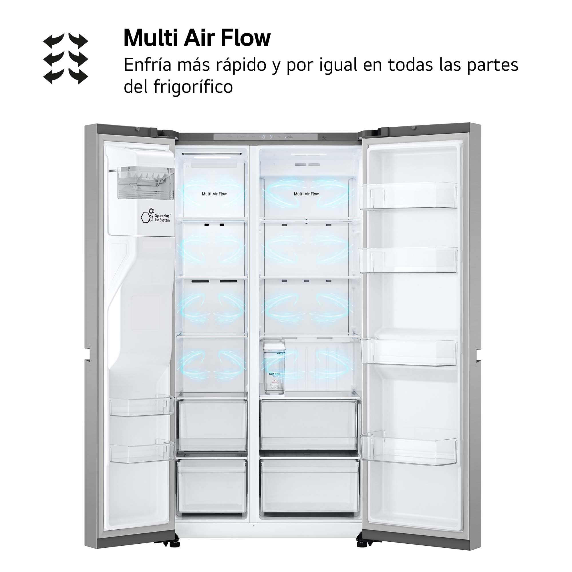 Un frigorífico está abierto, mostrando estantes y cajones, con texto sobre el flujo de aire.
