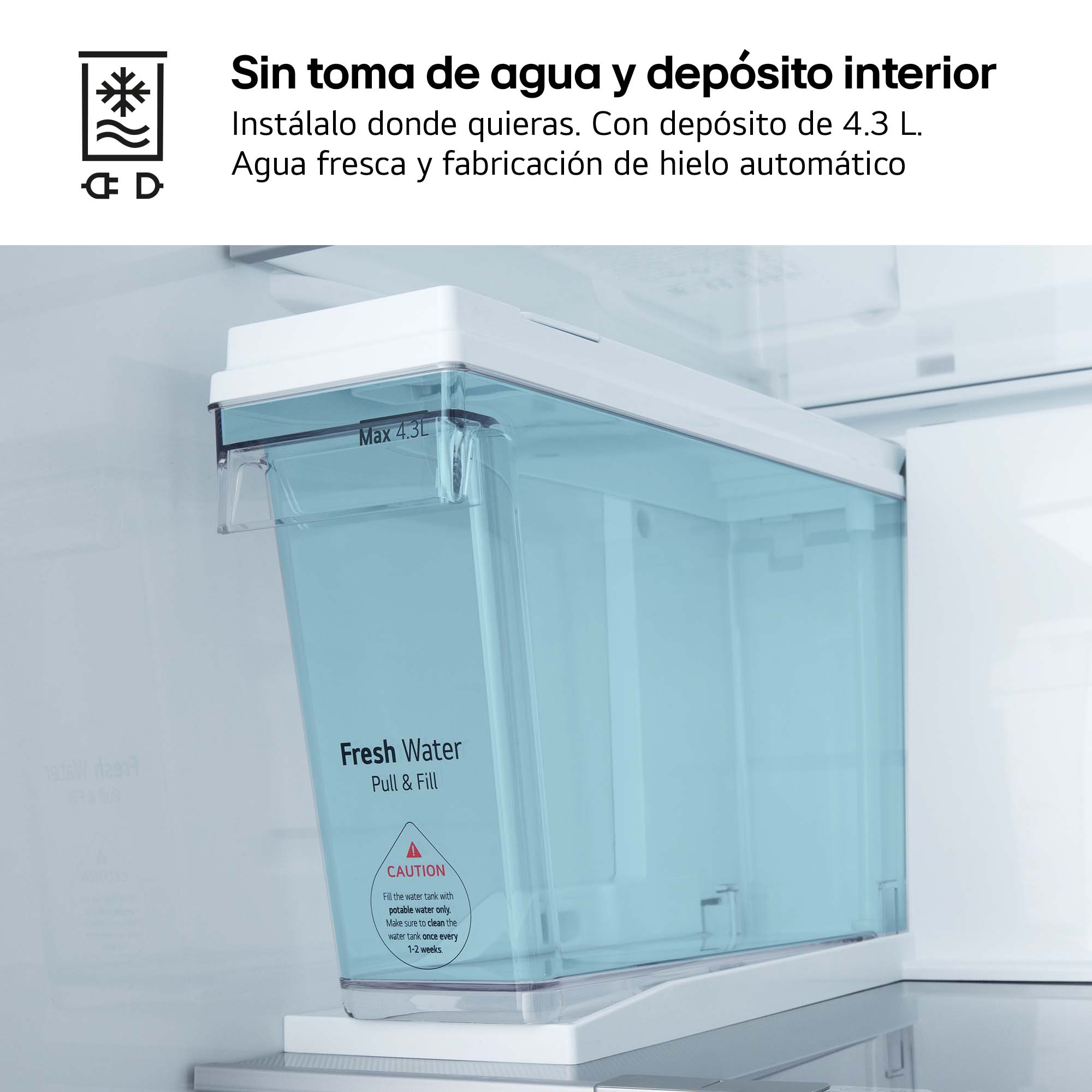 Un refrigerador con un tanque de agua fresca, texto.