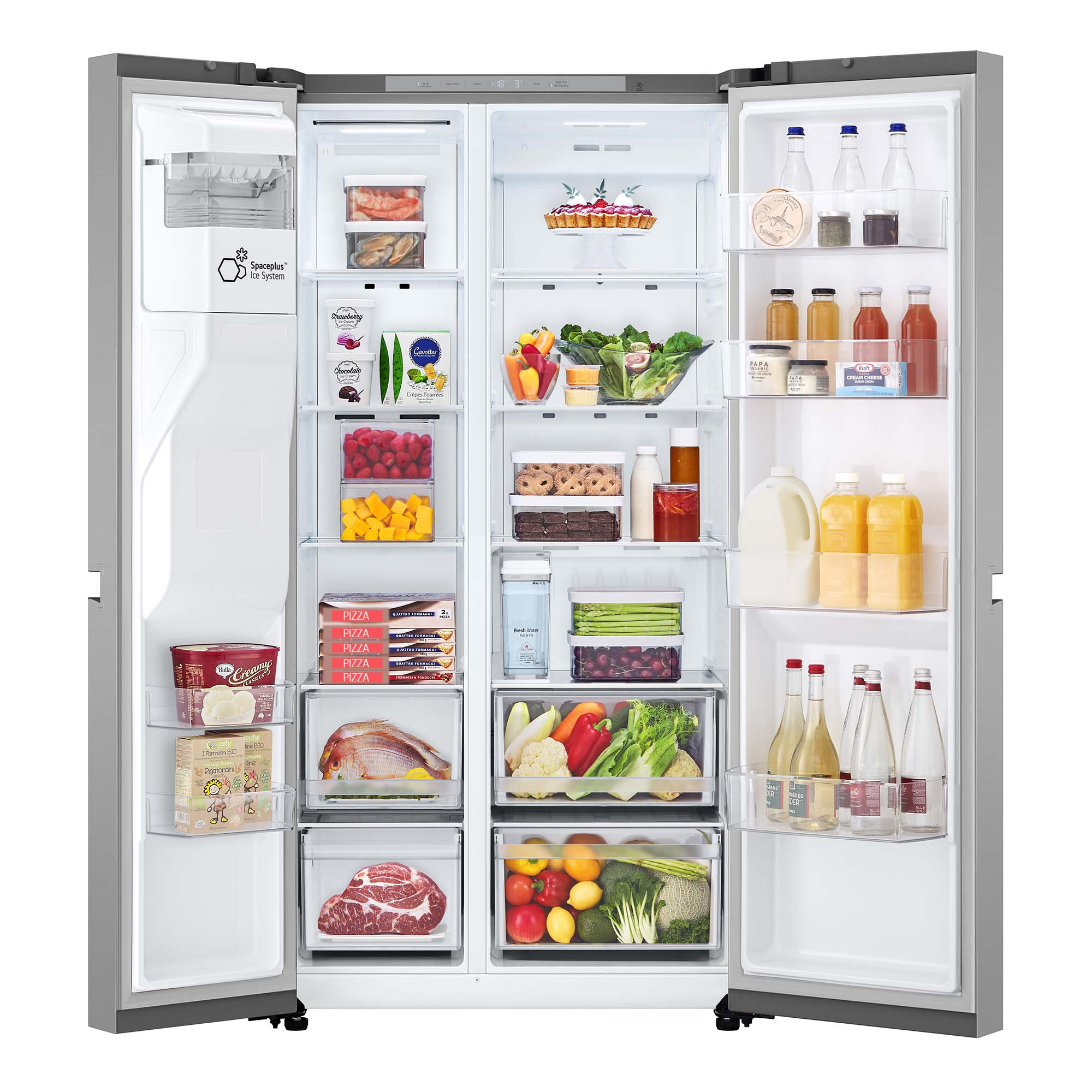Refrigerador plateado abierto con alimentos y bebidas en los estantes. Dos puertas abiertas.
