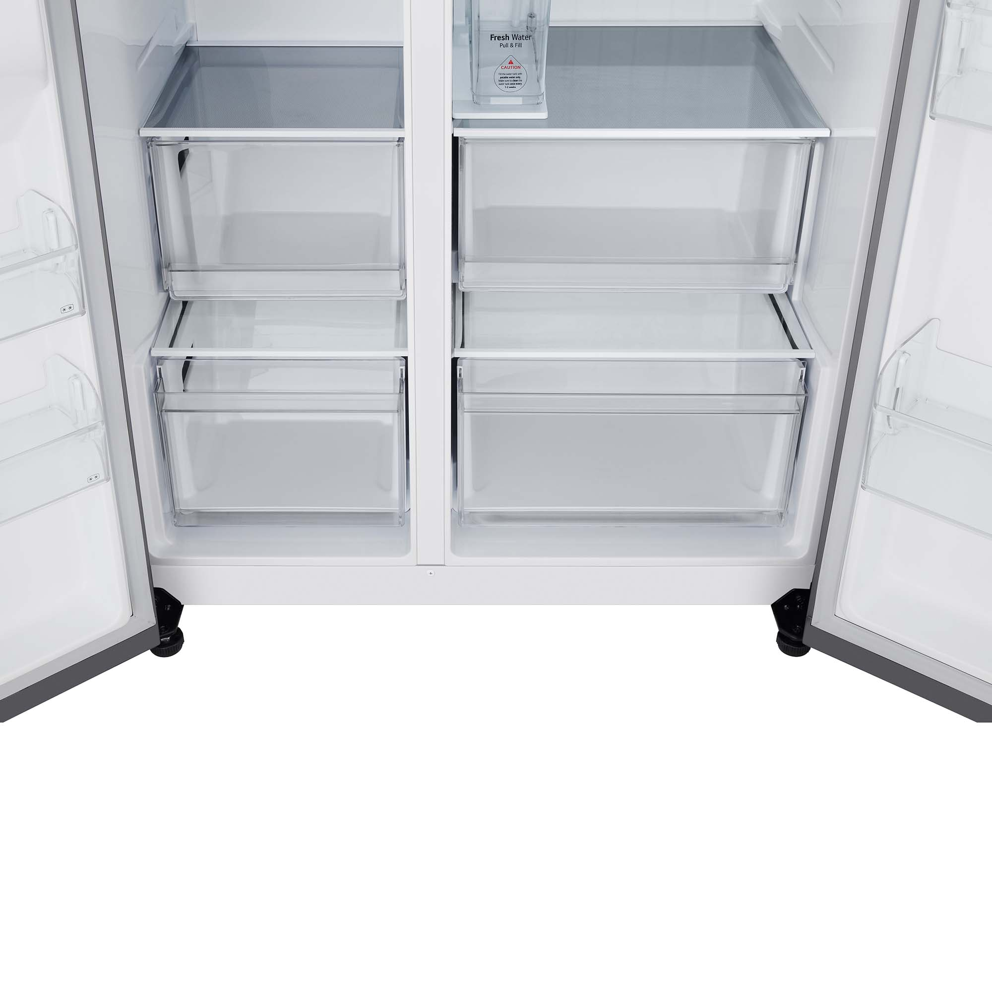 Interior de un refrigerador con cajones y estantes transparentes. Puertas y marco blancos.