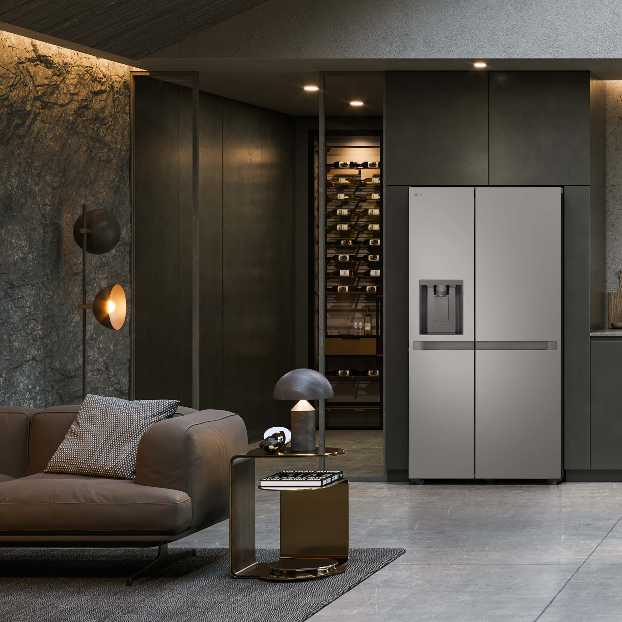 Elegante refrigerador lado a lado en un salón moderno, con dispensador de agua.