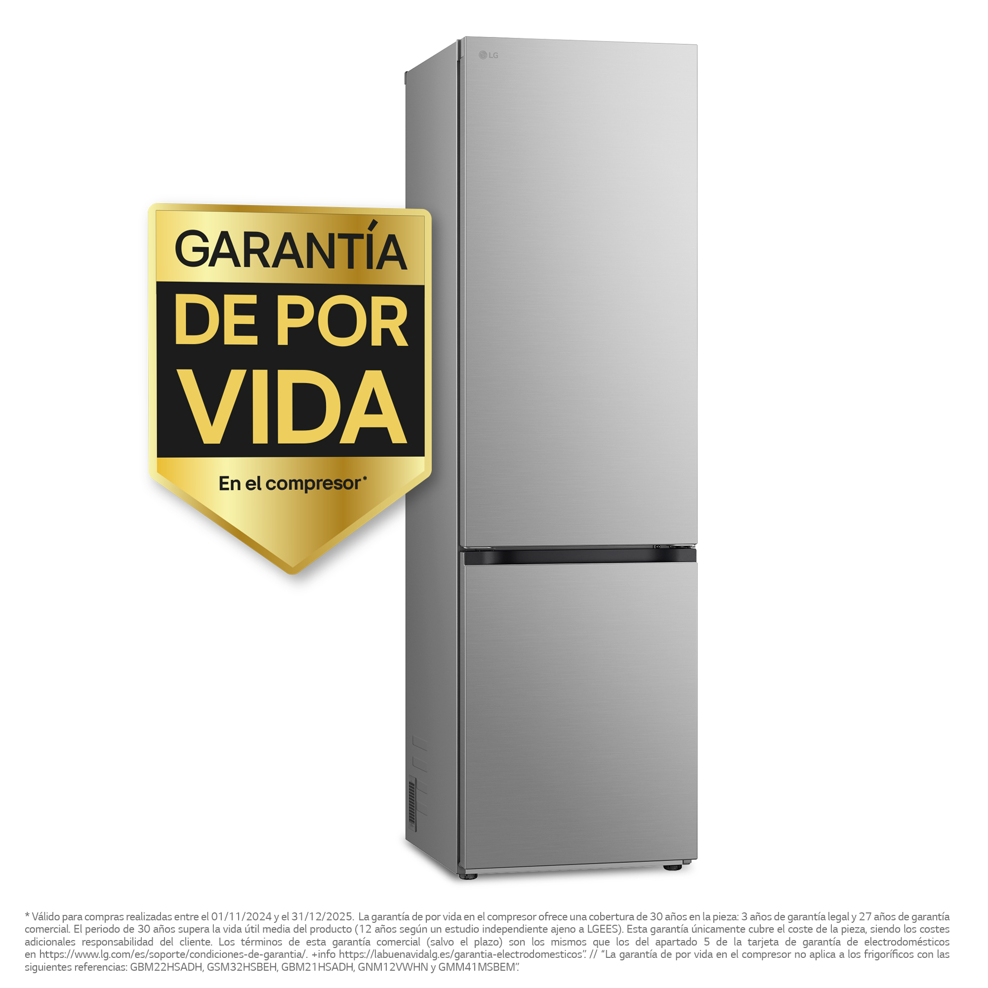 Refrigerador plateado con etiqueta de garantía dorada.