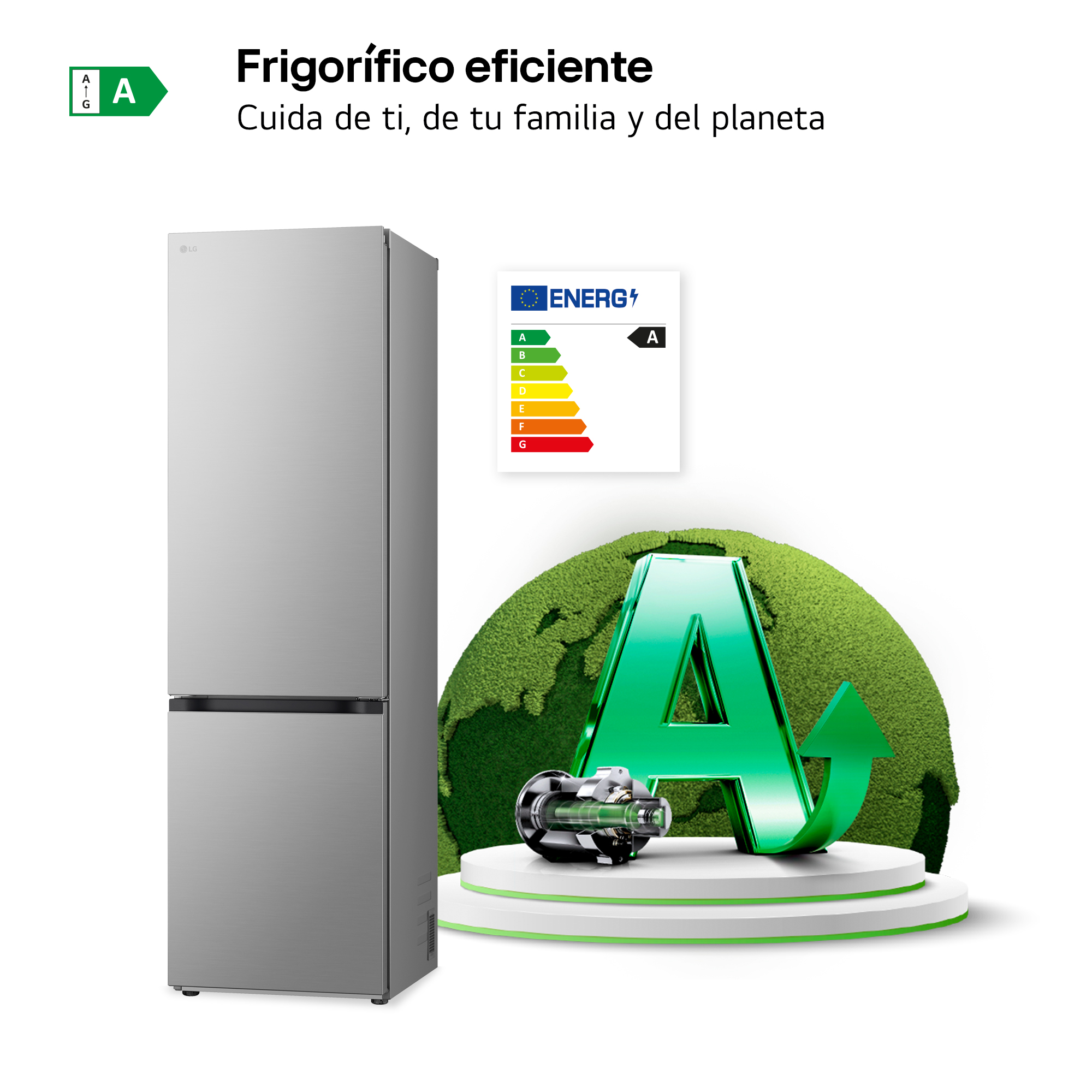 Un refrigerador plateado con clasificación energética y un diagrama.