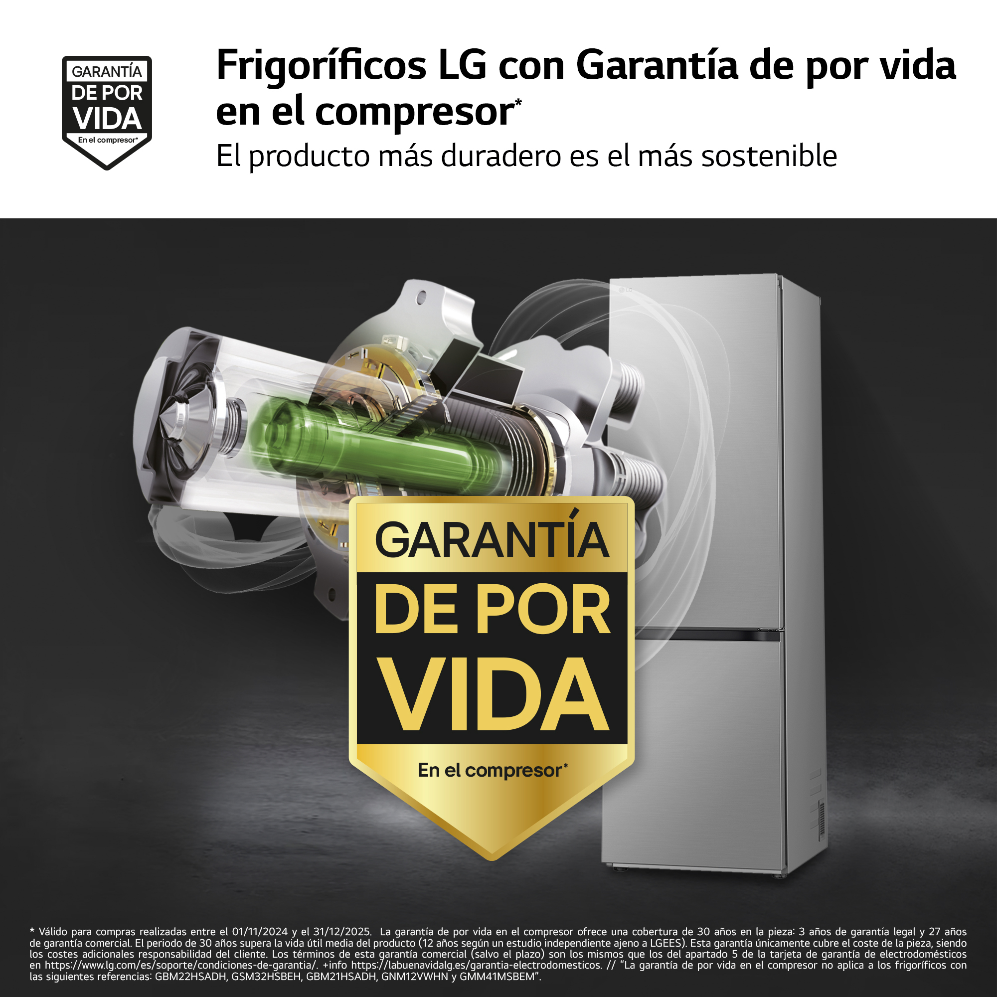 Nevera LG con corte mostrando compresor, con texto 'Garantía de por vida' y logo.