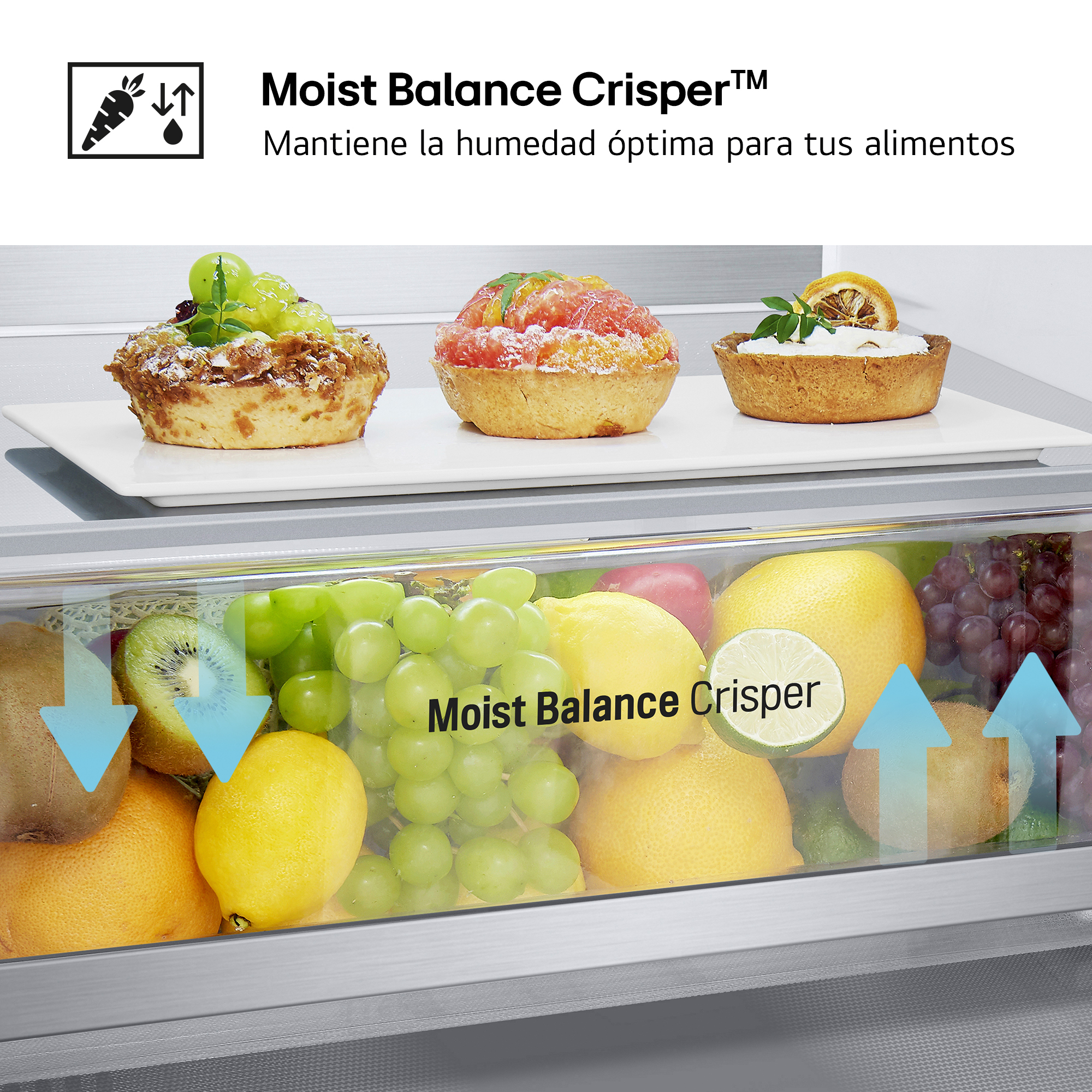 Dentro del refrigerador con productos frescos y texto sobre humedad.