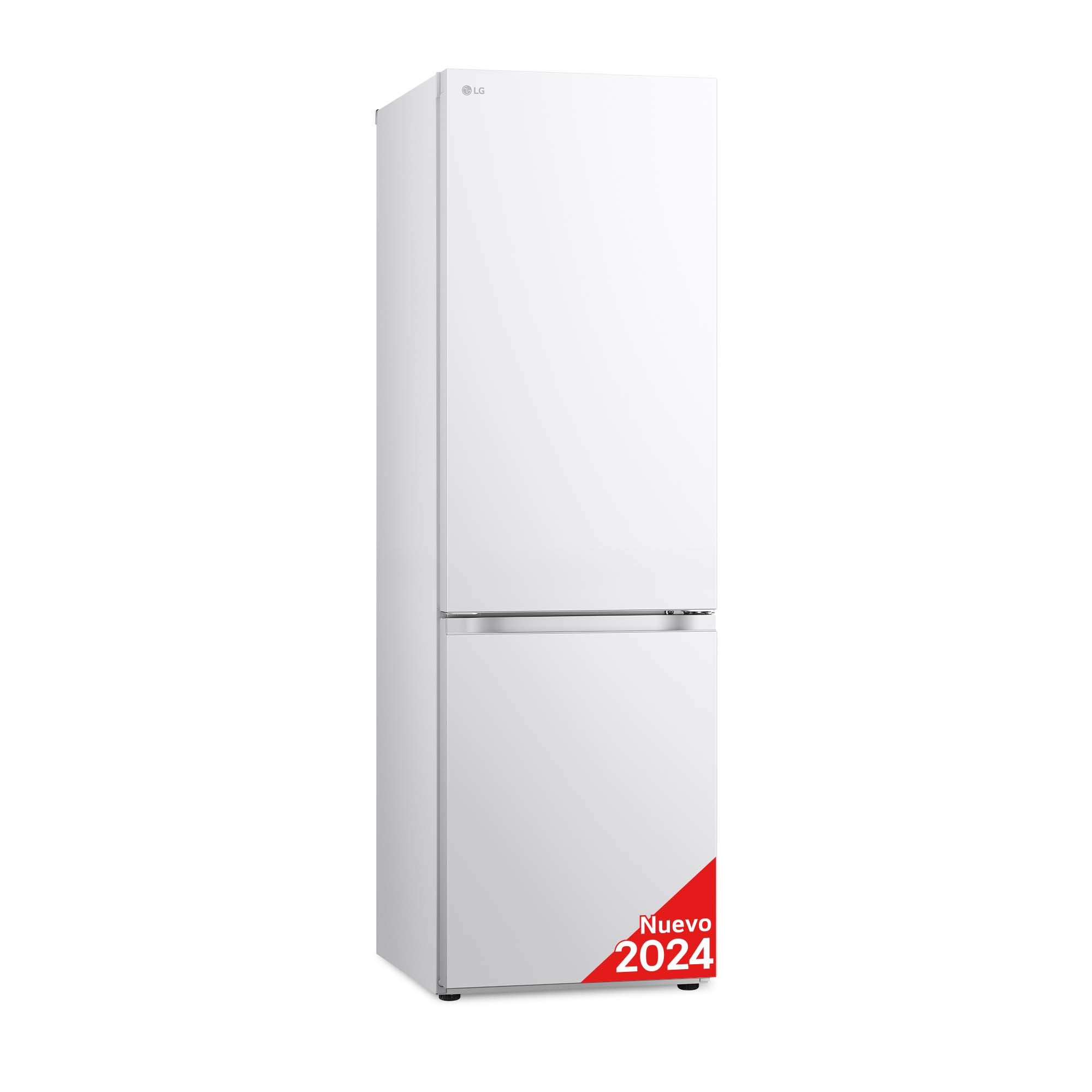 Un refrigerador blanco con una pegatina roja 'Nuevo 2024'.