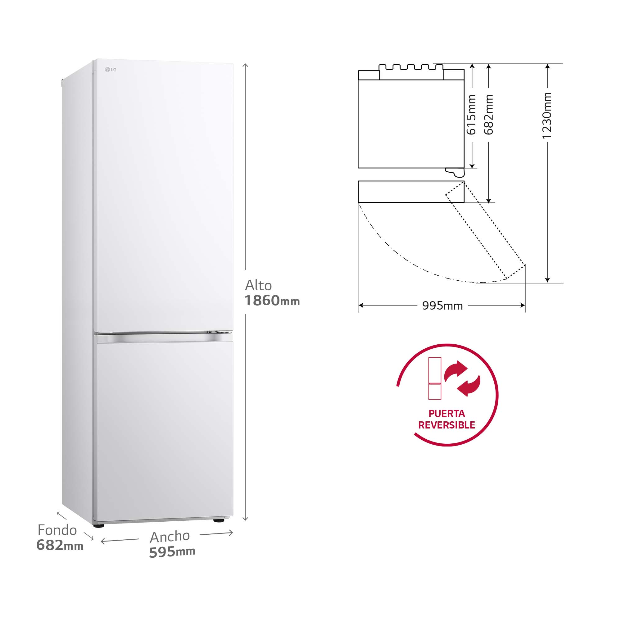 Un refrigerador blanco con congelador inferior, y se muestran las dimensiones con un diagrama de vista lateral.