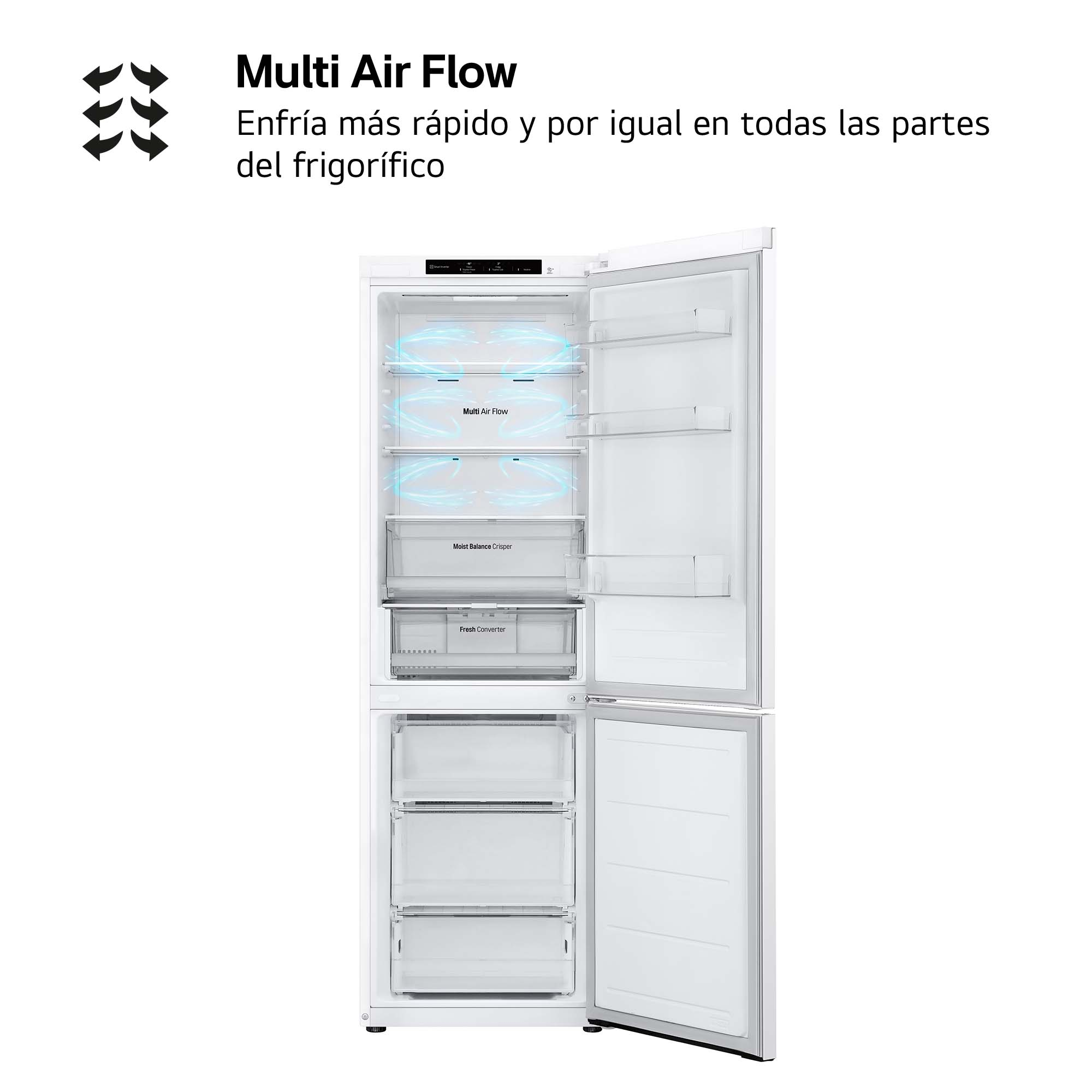 Refrigerador LG blanco con puerta abierta, mostrando estantes y artículos.
