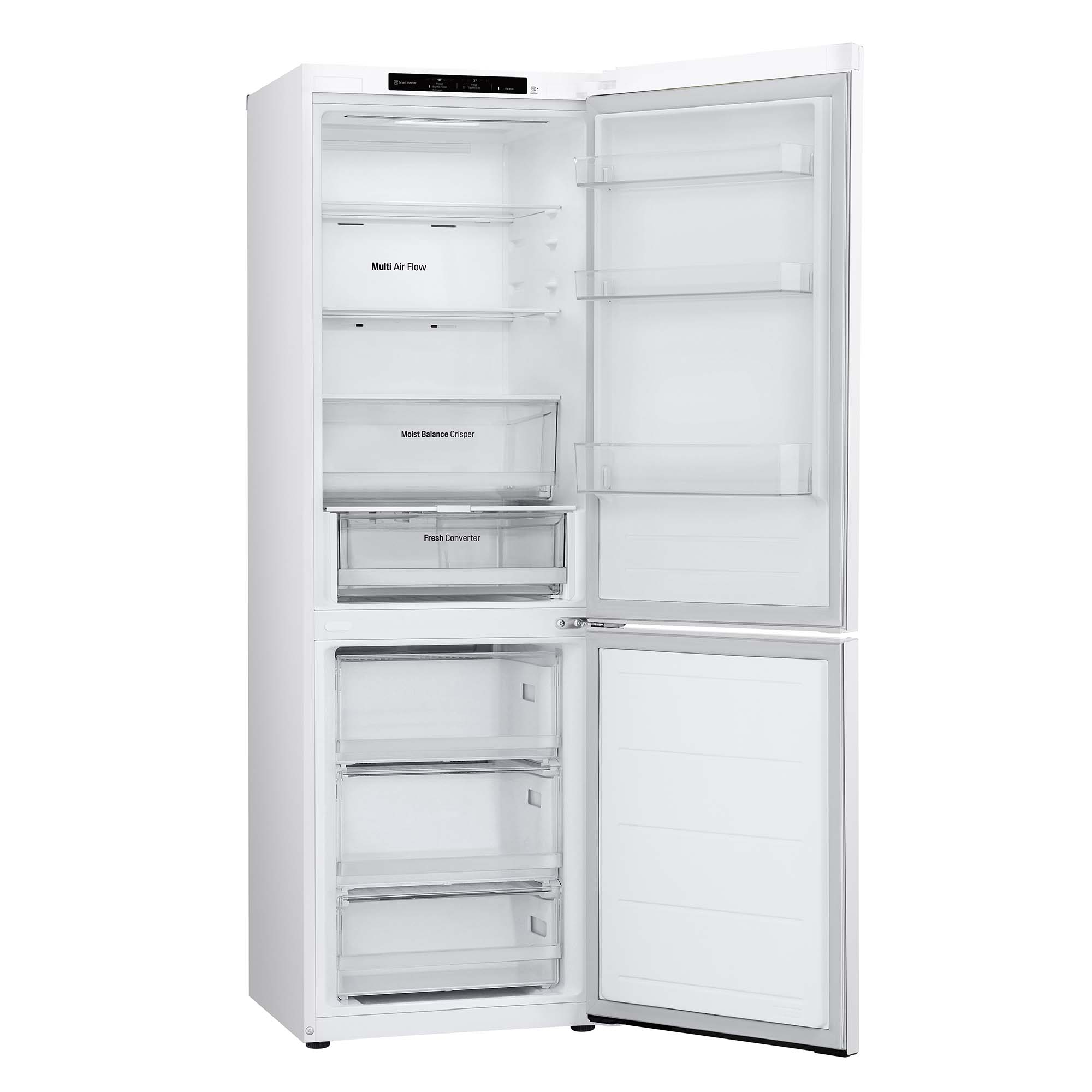 Un refrigerador blanco abierto, mostrando estantes con comida dentro. Es un diseño moderno.