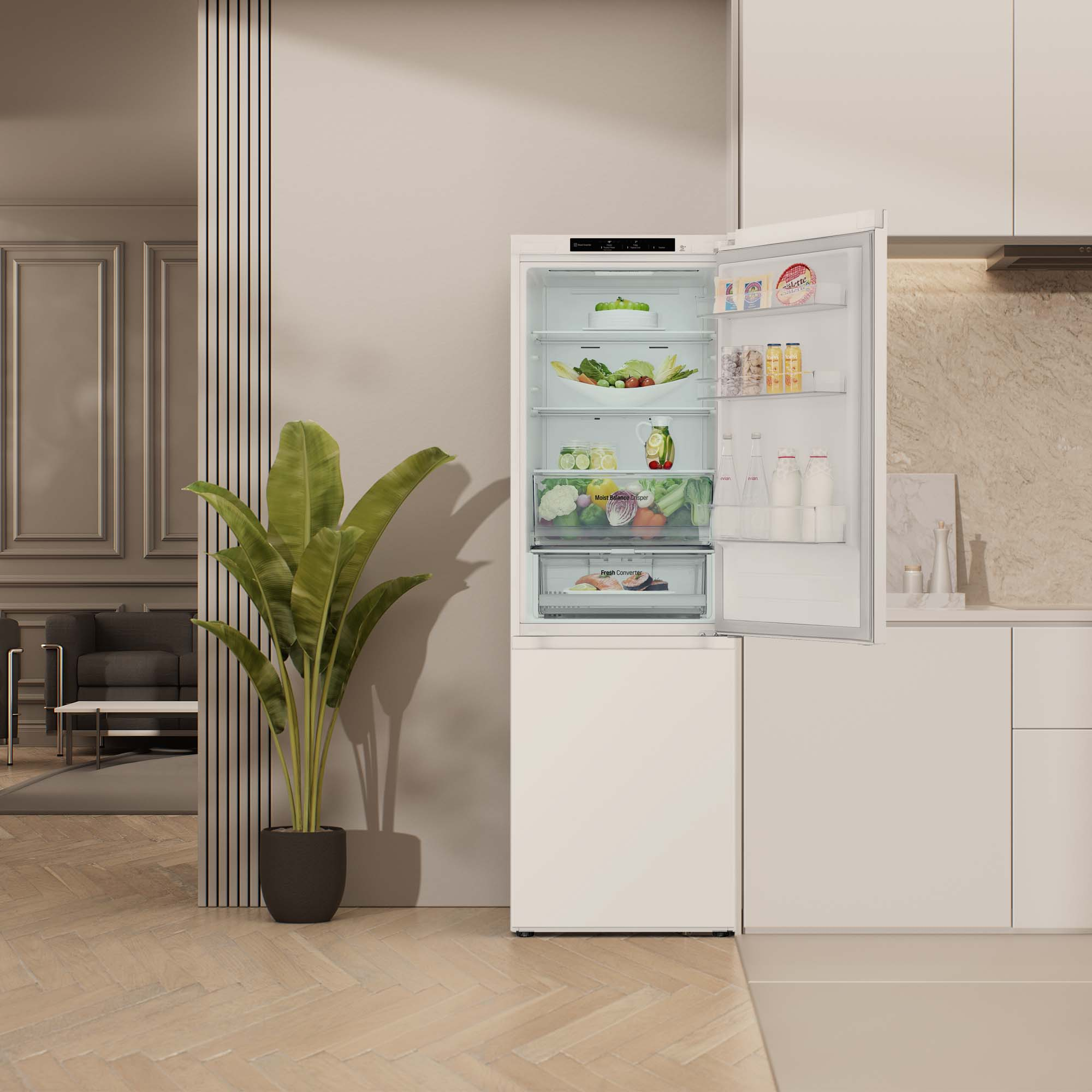 Un refrigerador blanco con la puerta abierta, mostrando estantes de comida, en una cocina moderna.
