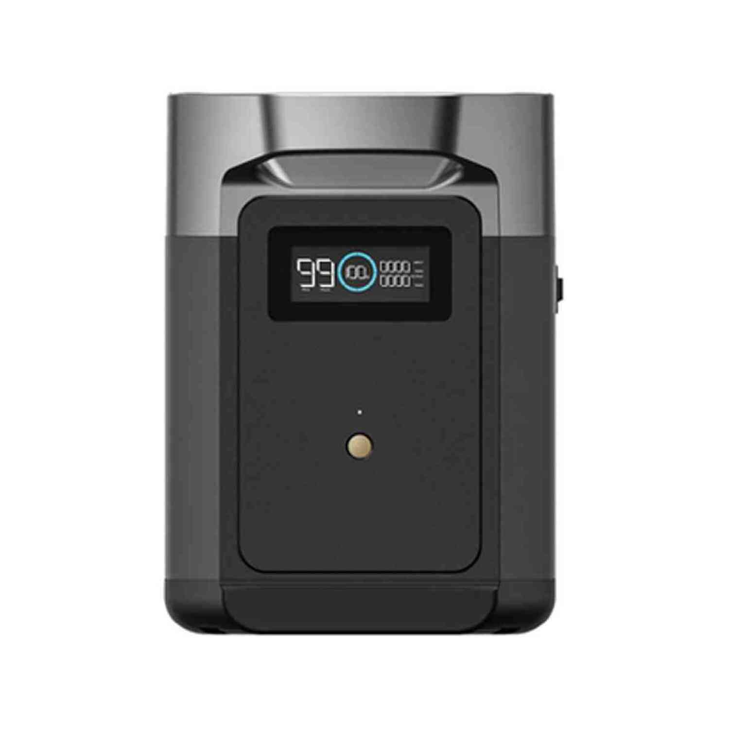 A black and gray power station with a display showing numbers and a button, in a studio setting.
