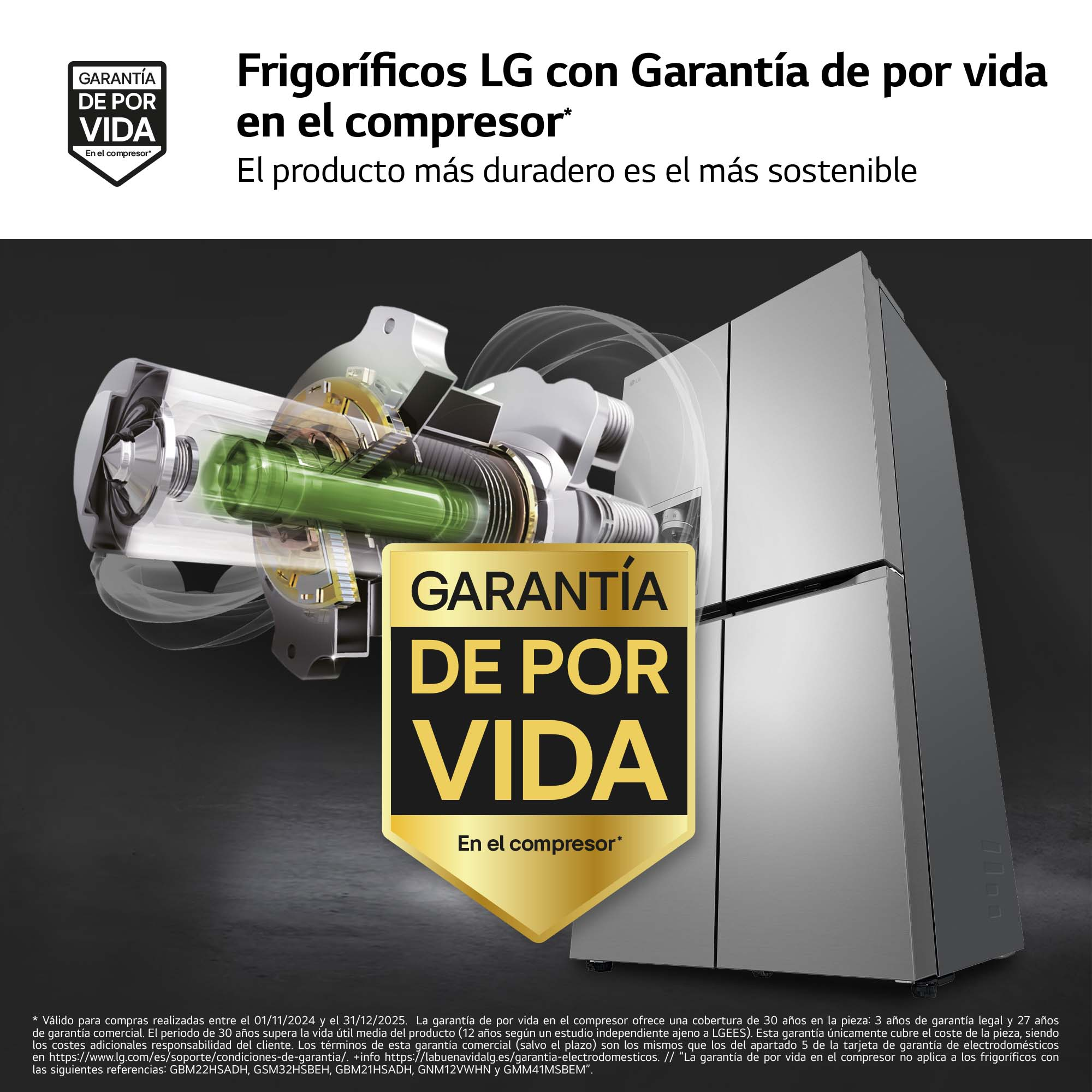 Anuncio de nevera LG. Imagen muestra corte del compresor y texto de garantía.