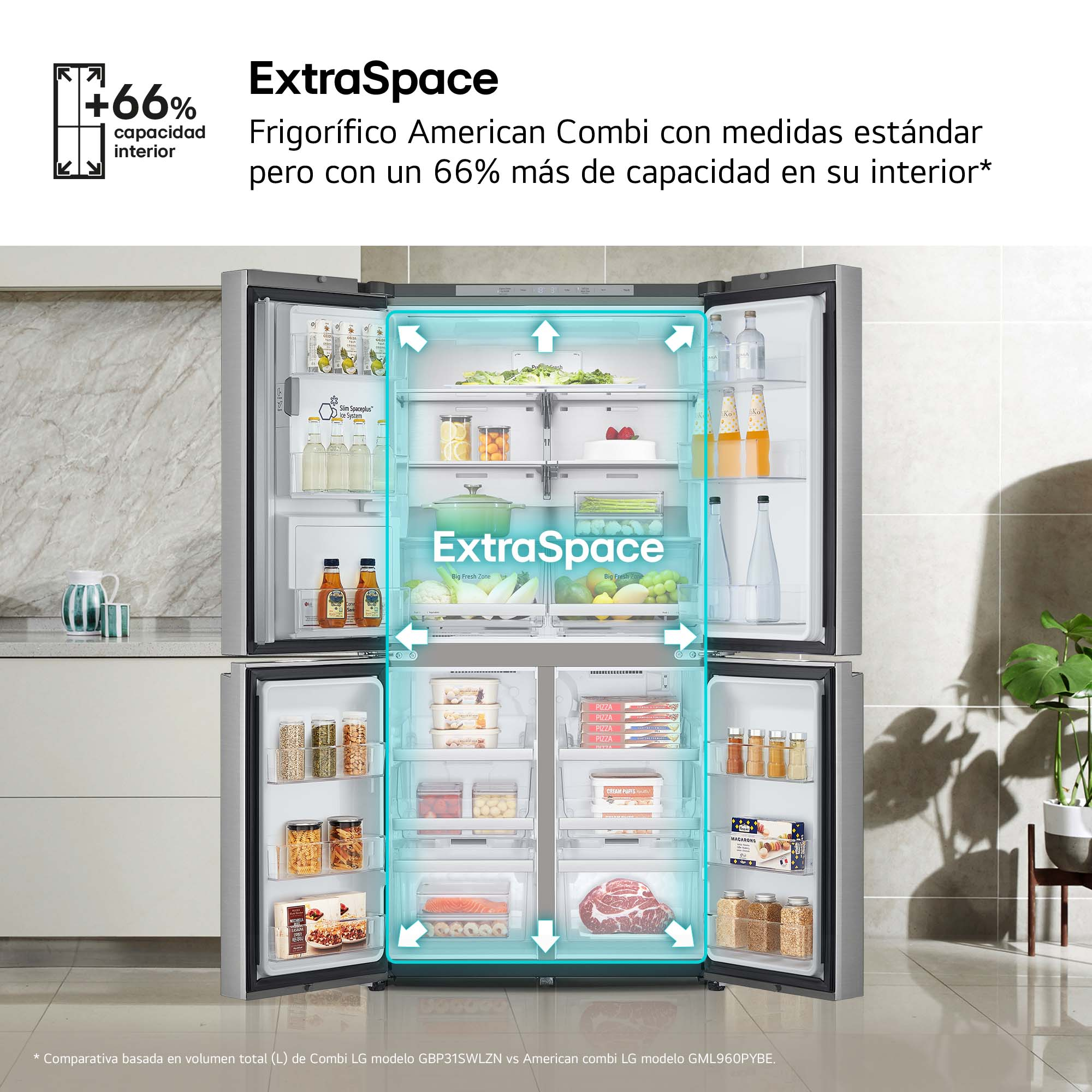 Refrigerador abierto, mostrando estantes con comida y etiqueta ExtraSpace.