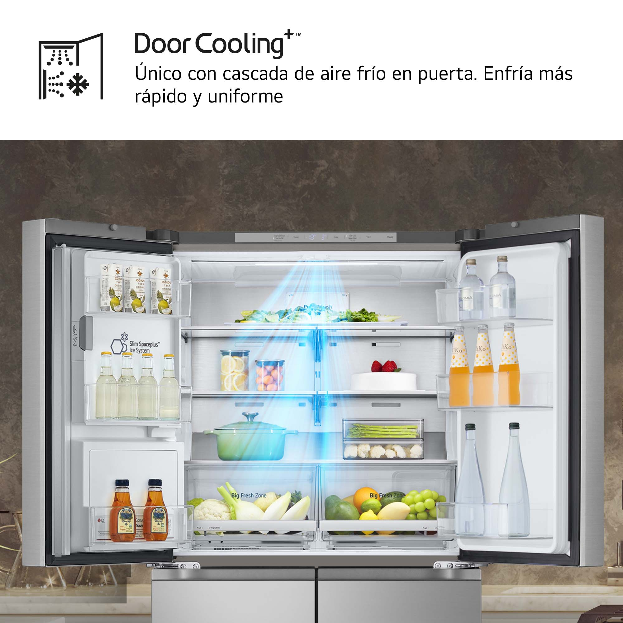 Nevera de acero inoxidable abierta, revelando comida y bebidas, con flujo de aire azul.