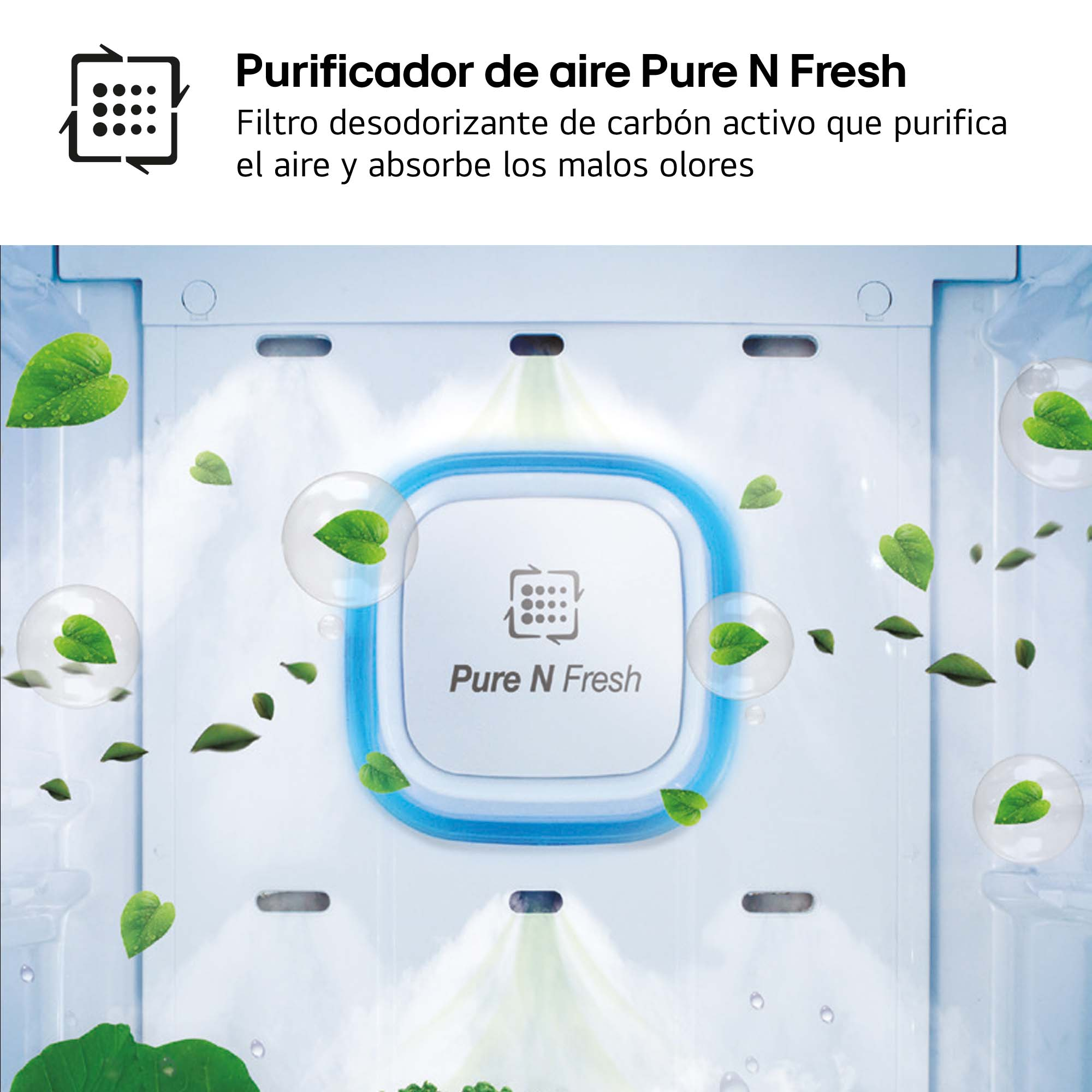 Vista interior de un refrigerador con filtro de aire Pure N Fresh y hojas.