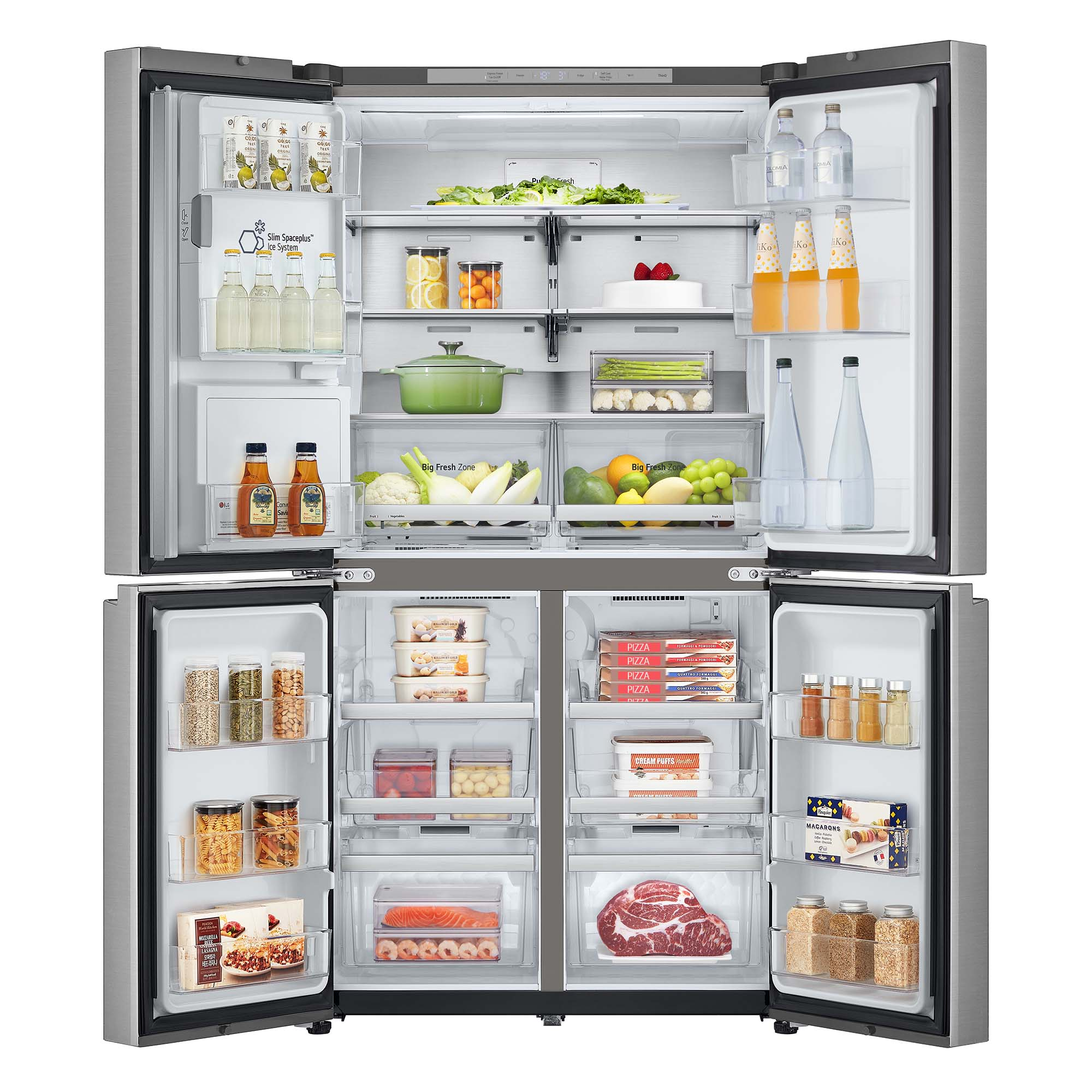Un refrigerador con las puertas abiertas, mostrando comida y bebidas en el interior.