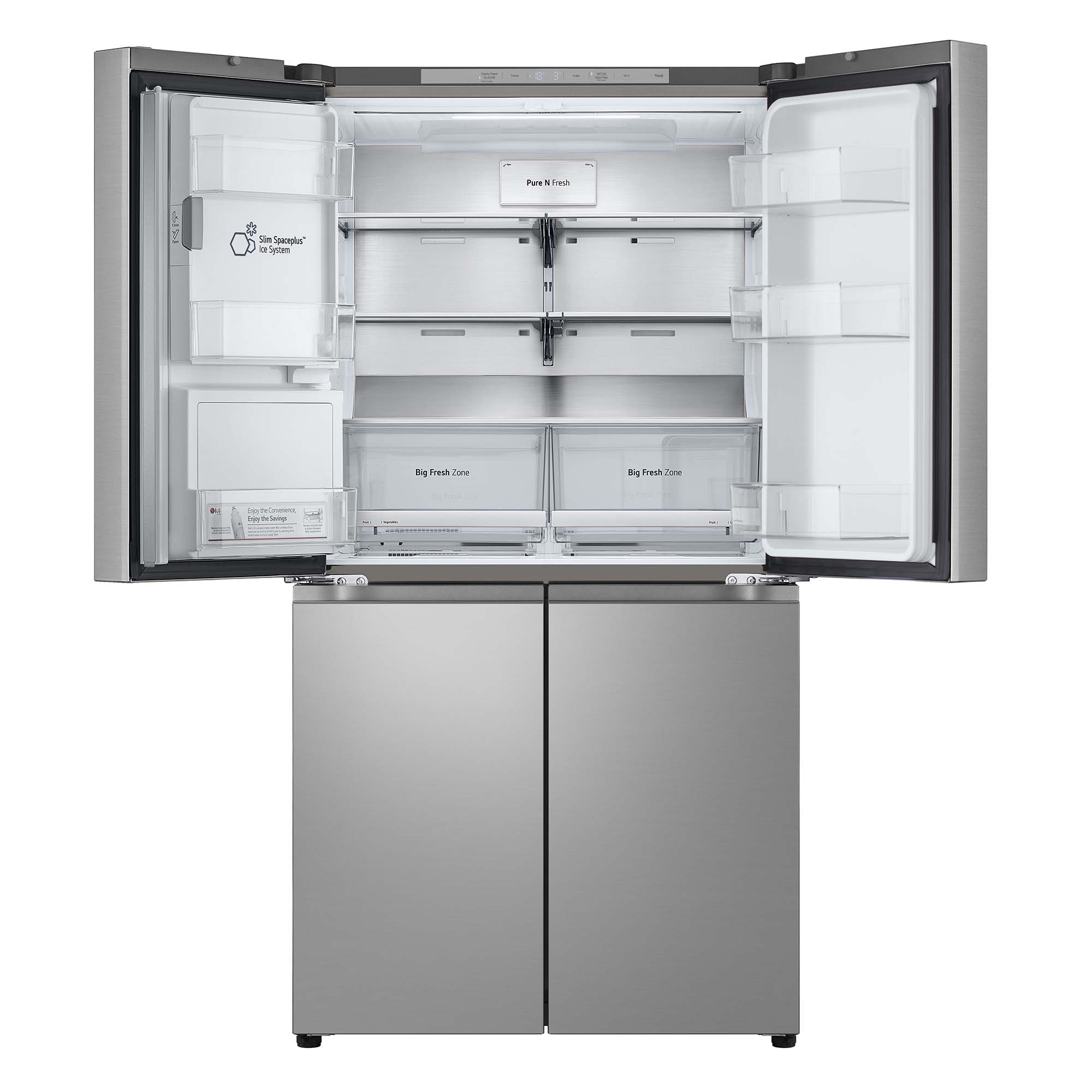 Refrigerador plateado con puertas abiertas, mostrando el interior.