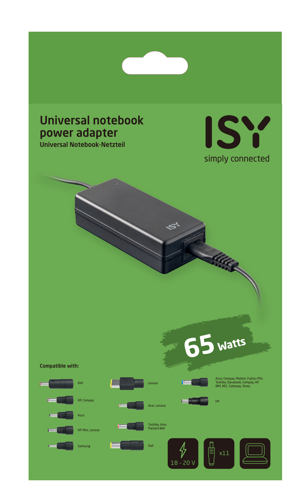 Uniwersalny zasilacz do notebooka z różnymi kompatybilnymi wtyczkami i logo ISY.