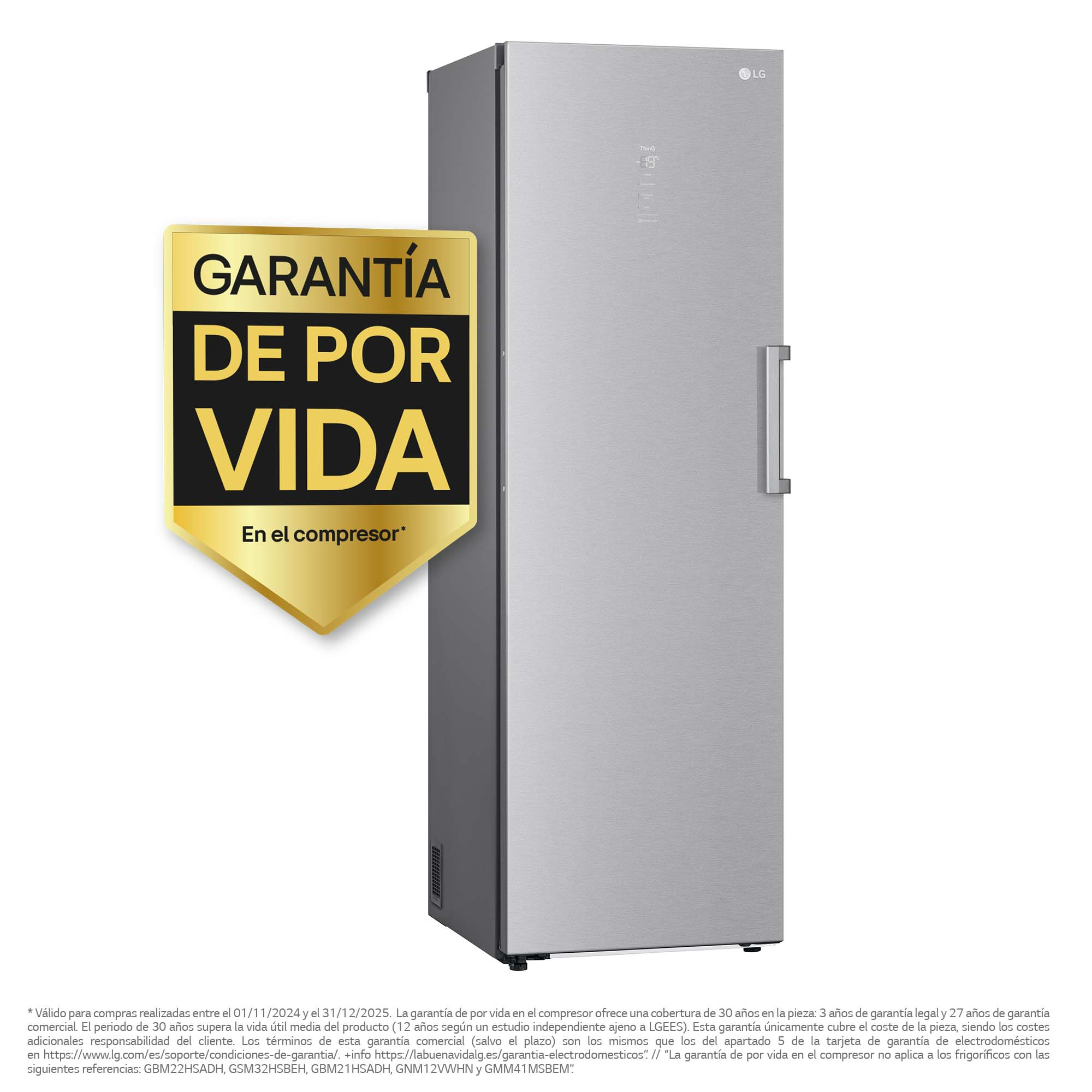 Refrigerador plateado con distintivo de garantía de por vida. Logotipo de LG arriba a la derecha. Texto en español.