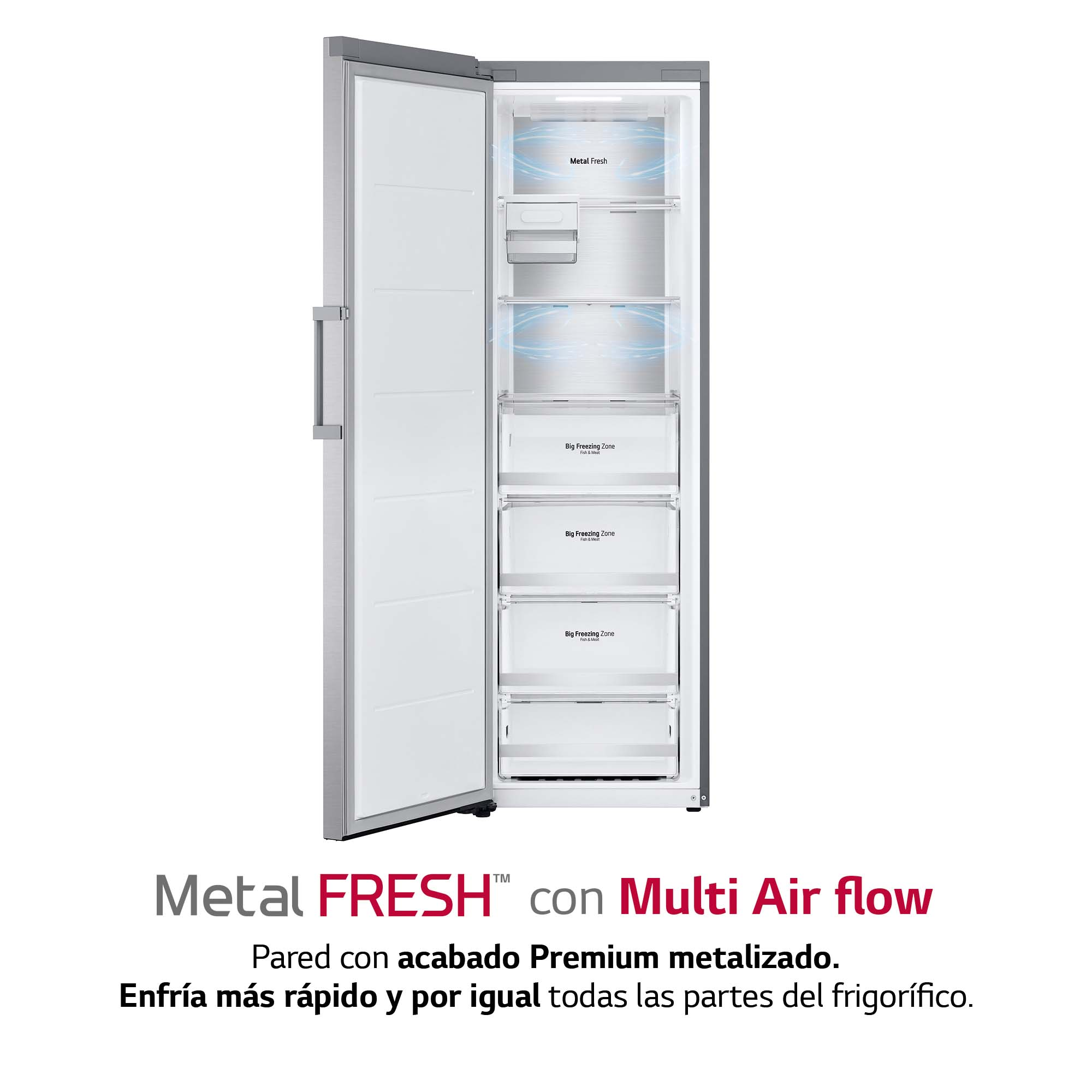 Refrigerador abierto con estantes, acabado metálico y comida dentro.