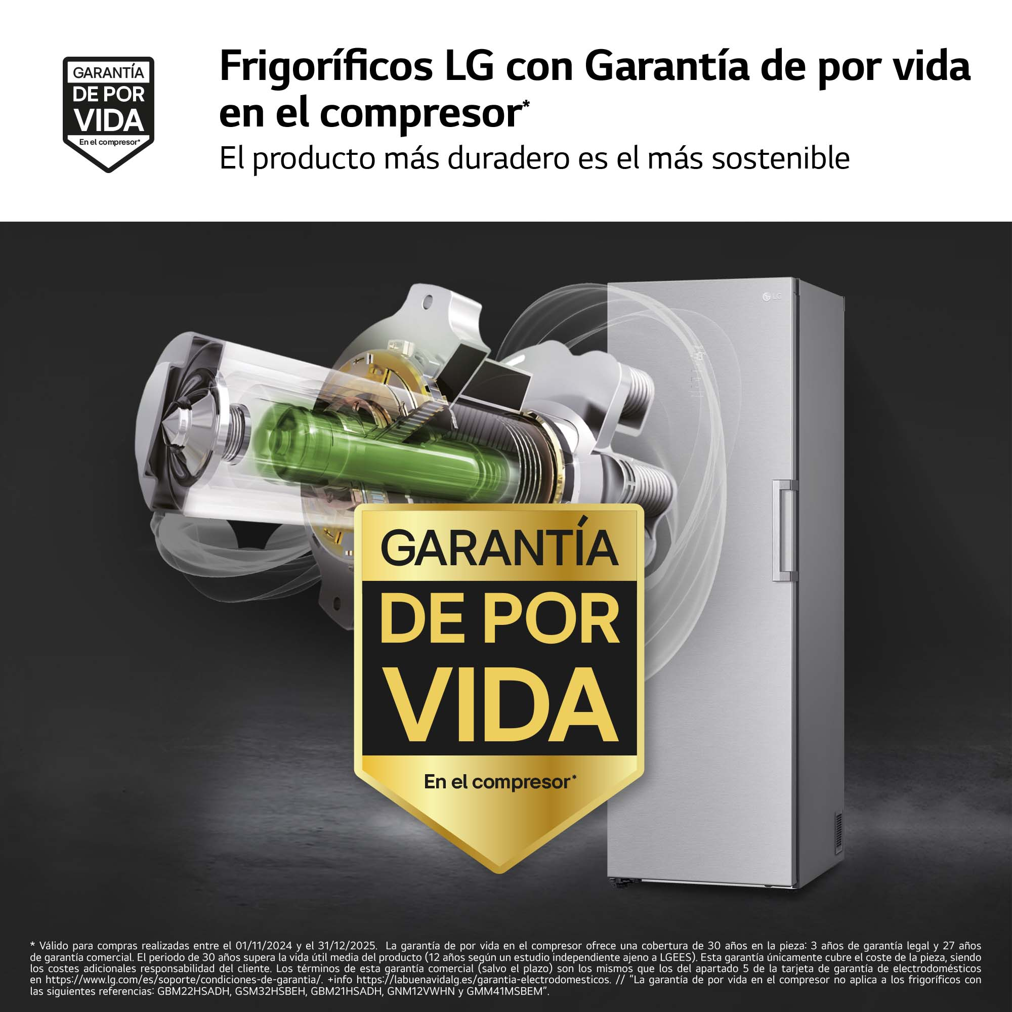 Refrigerador con garantía de por vida. El compresor está resaltado.
