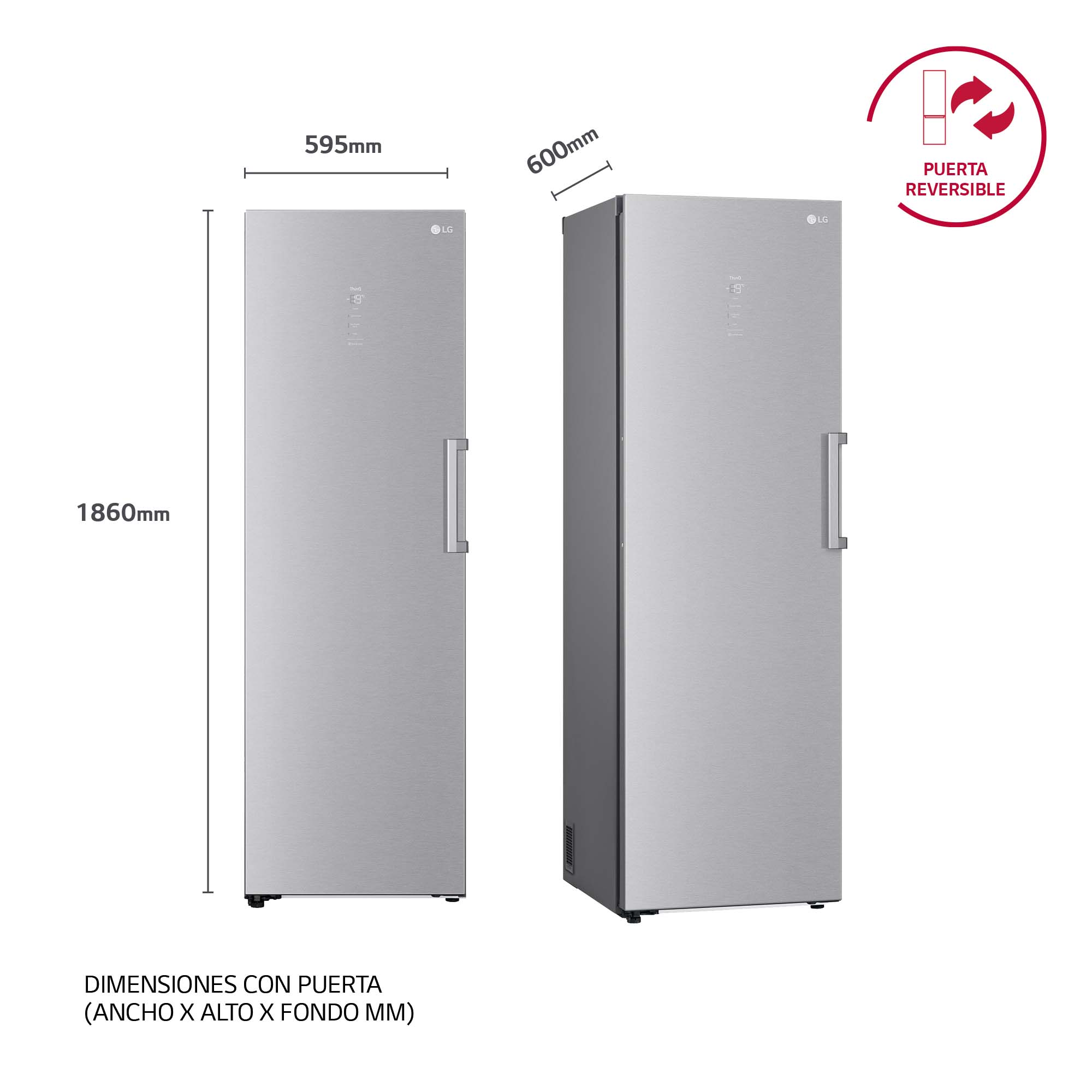 Dos refrigeradores plateados con dimensiones de tamaño, el derecho mostrando la puerta reversible.