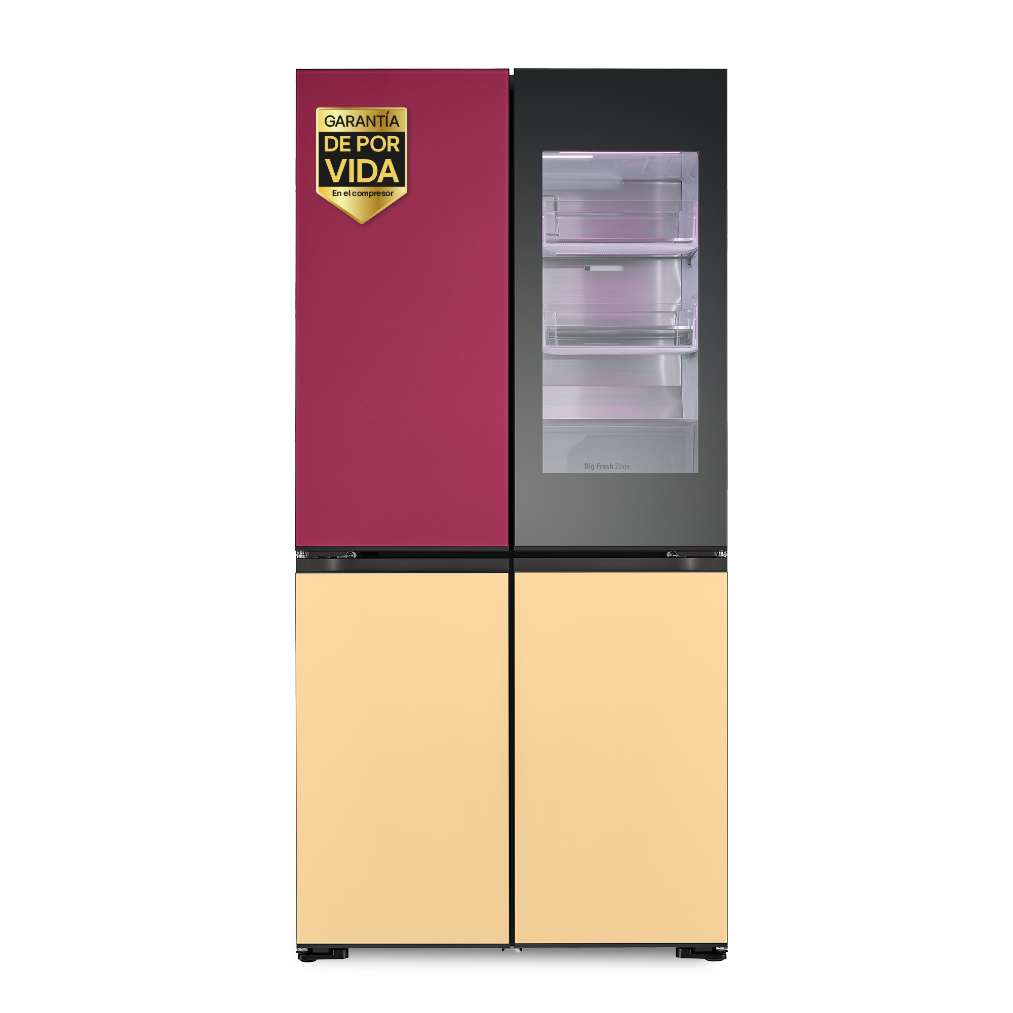 Refrigerador de cuatro puertas con puerta roja a la izquierda, puerta de vidrio y puertas beige en la parte inferior.