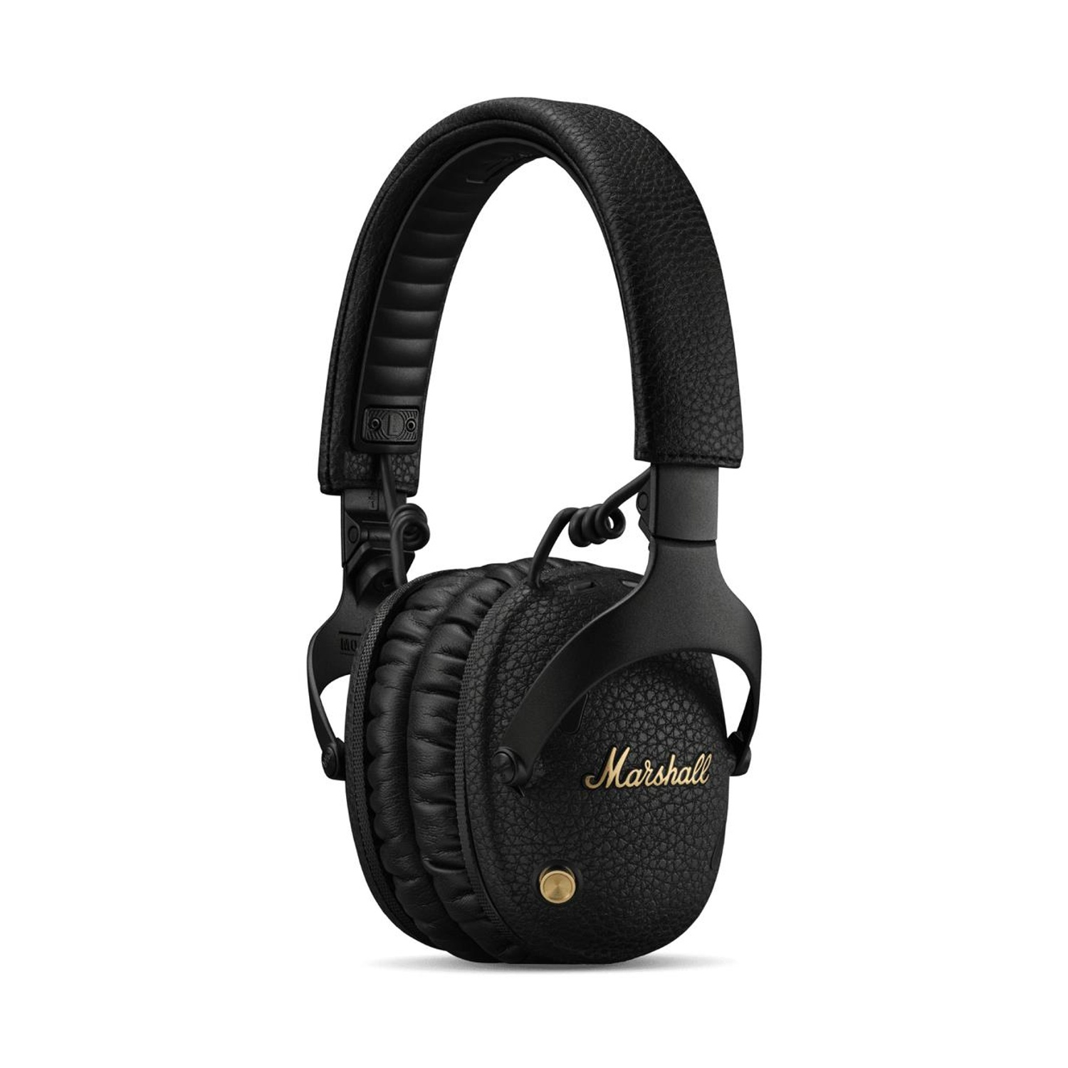 Cuffie Marshall nere. Padiglioni in pelle, logo dorato e fascia. Design classico.