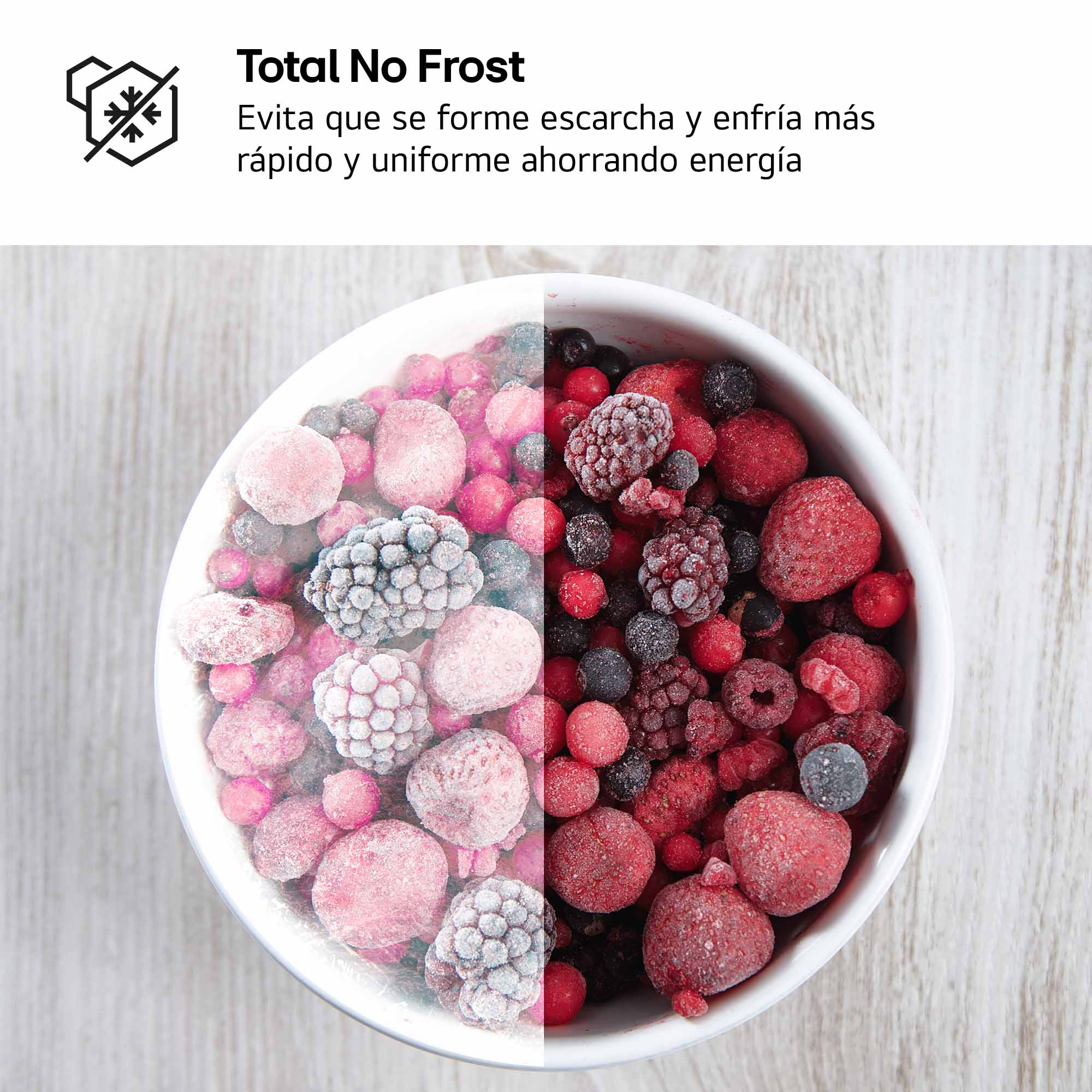 Cuenco con bayas congeladas, mitad escarchadas. Texto: Total No Frost.